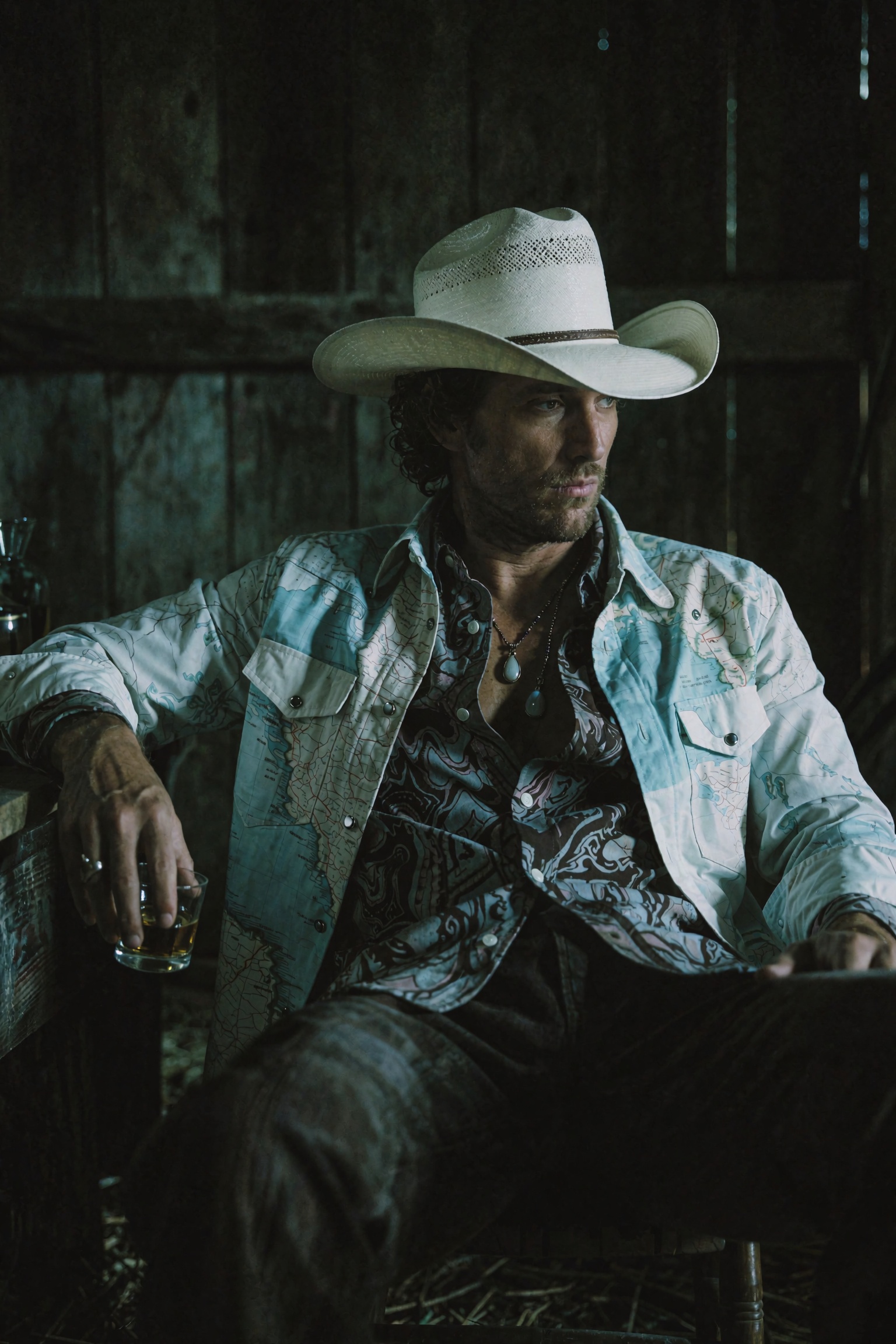 Cinematic western-noir editorial photograph of a man seated leaning back in a dark barn interior,  head turned to the side...