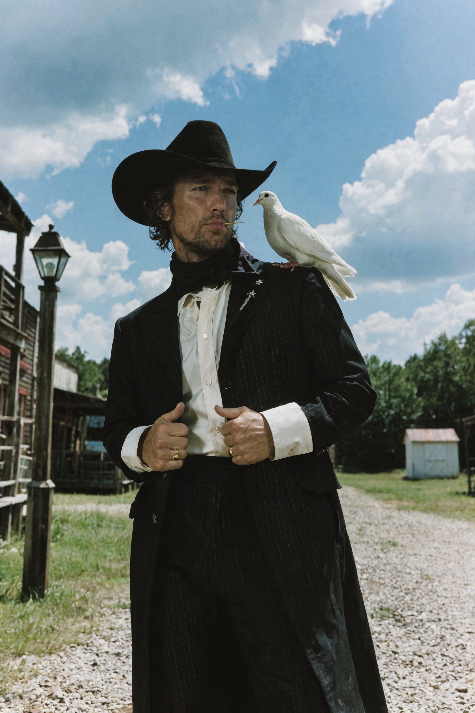 Cinematic western editorial photograph of a man standing in a western town set,  body angled slightly with head turned to...