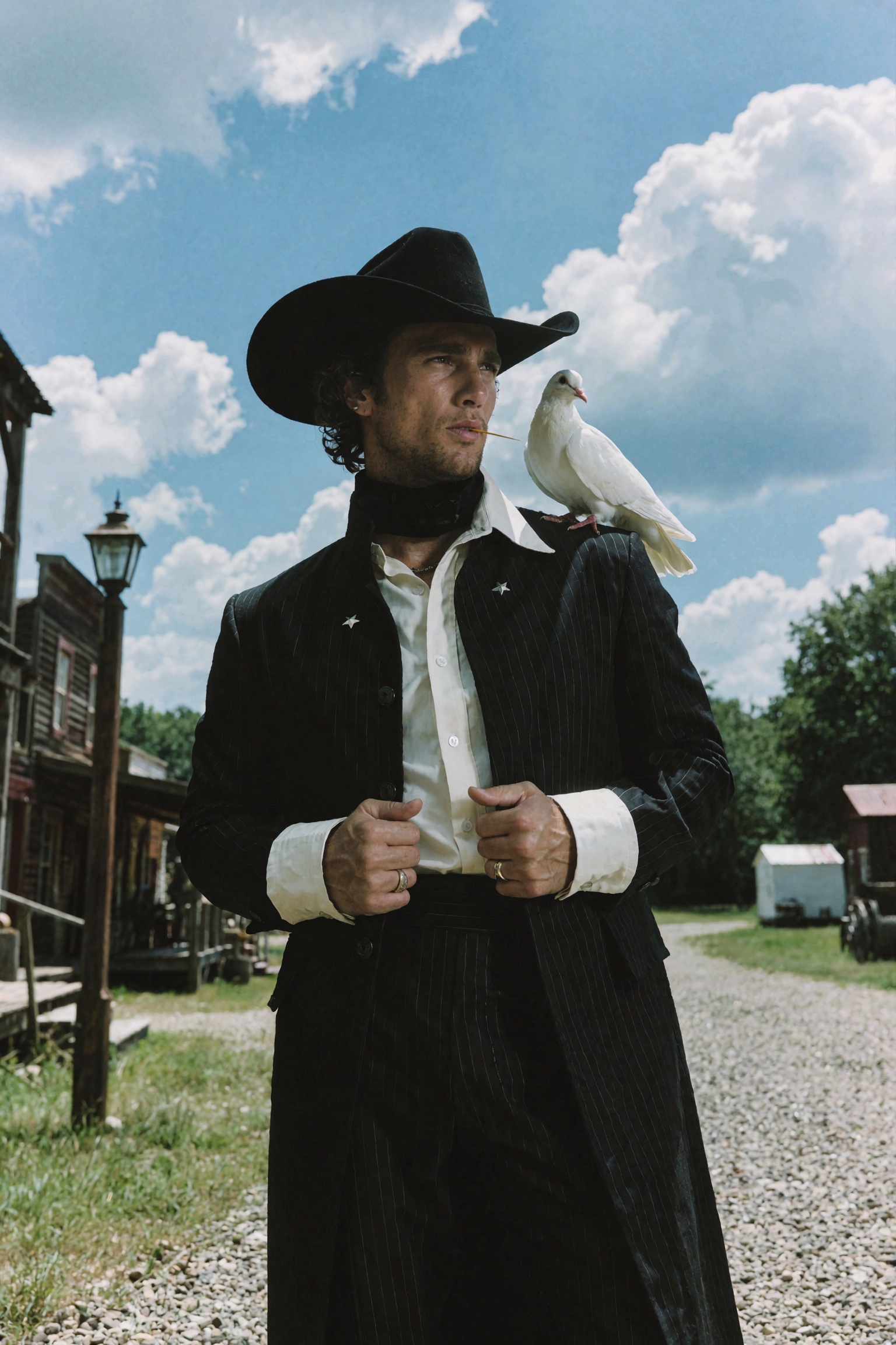 Cinematic western editorial photograph of a man standing in a western town set,  body angled slightly with head turned to...