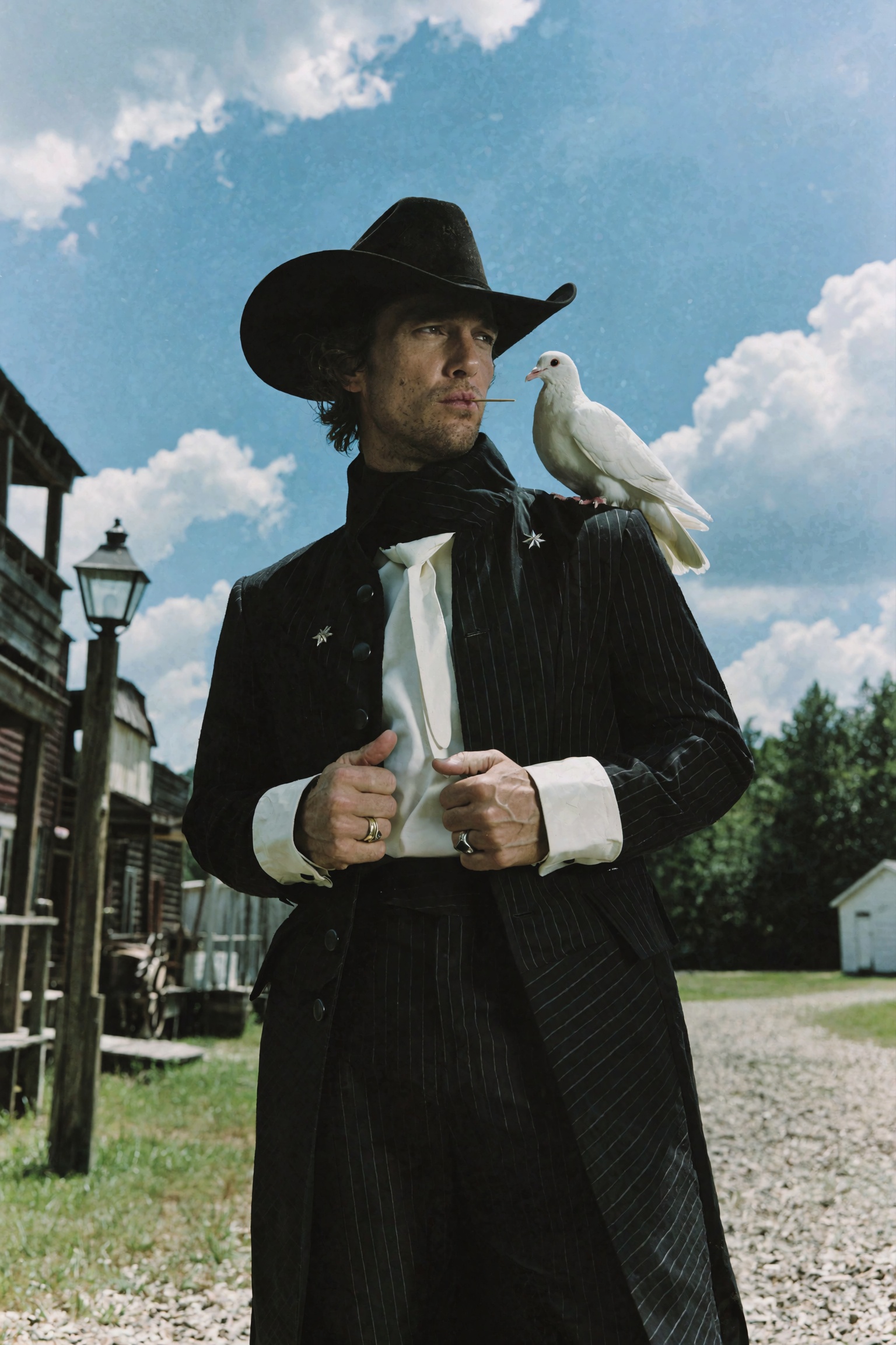 Cinematic western editorial photograph of a man standing in a western town set,  body angled slightly with head turned to...