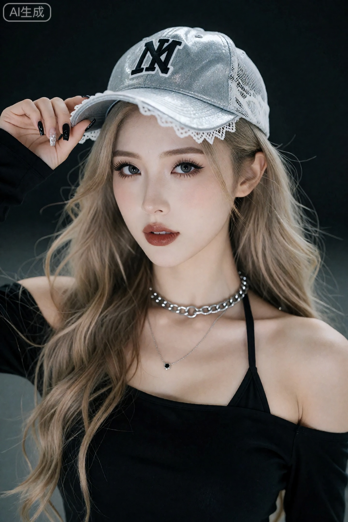 a photo-realistic shoot from a close-up camera angle about a young woman with long,  wavy blonde hair wearing a baseball c...