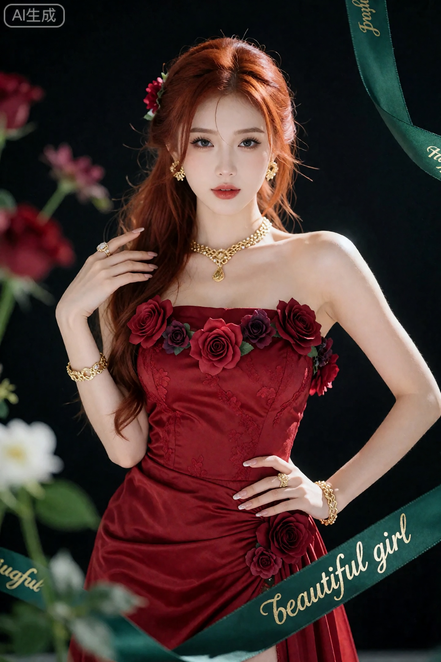a photo-realistic shoot from a portrait camera angle about a woman in a red dress adorned with flowers,  posing elegantly,...