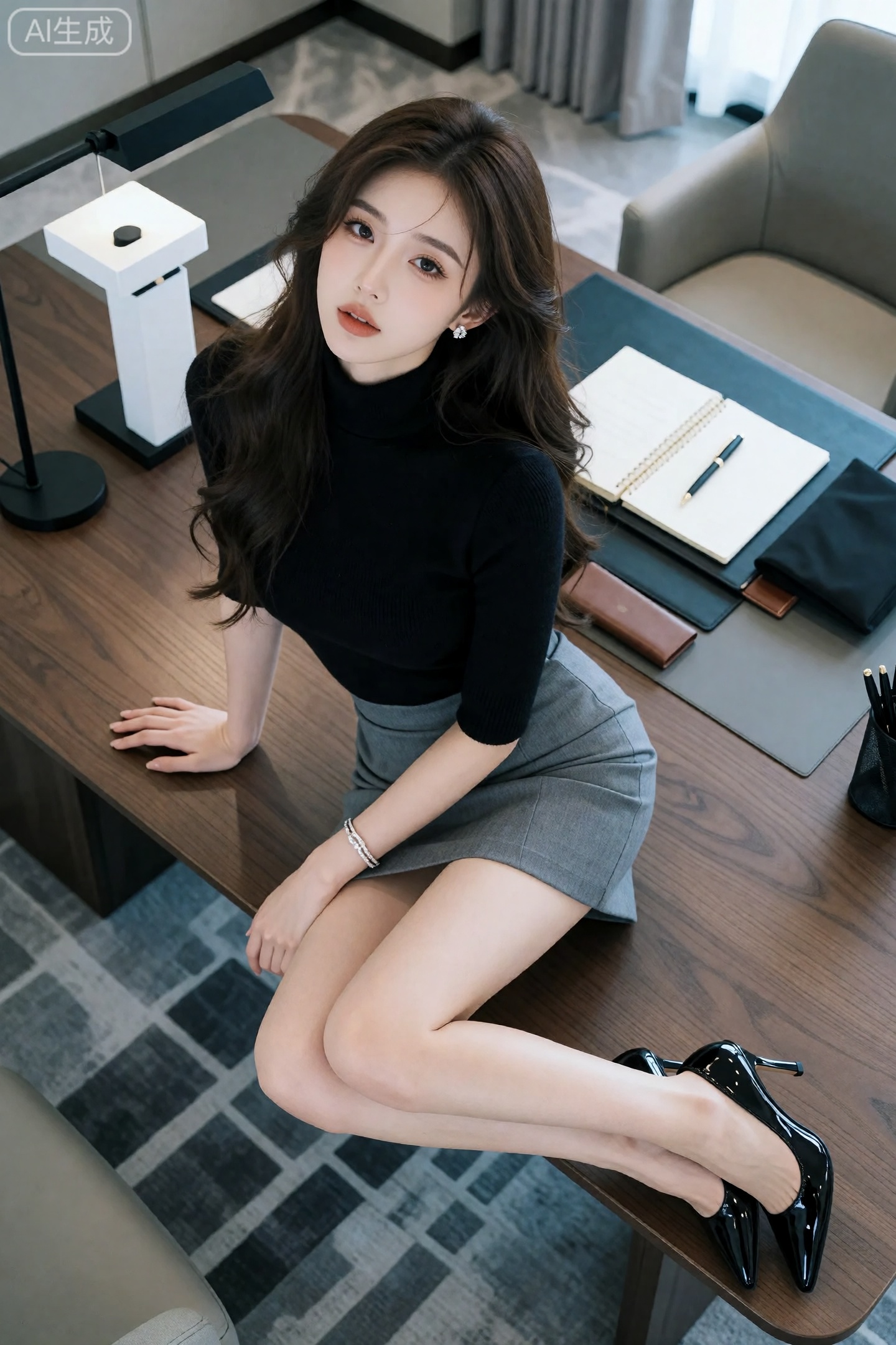 这张图片展示了一位极具现代职场精英气质的年轻女性,  整体呈现出一种高级、知性且带有韩系轻熟风（Chic Office Look）的画报质感。 人物与妆发： 神态：女性面部微微仰起,  清澈灵动的双眸直视镜头 by Sayid on Tenso...