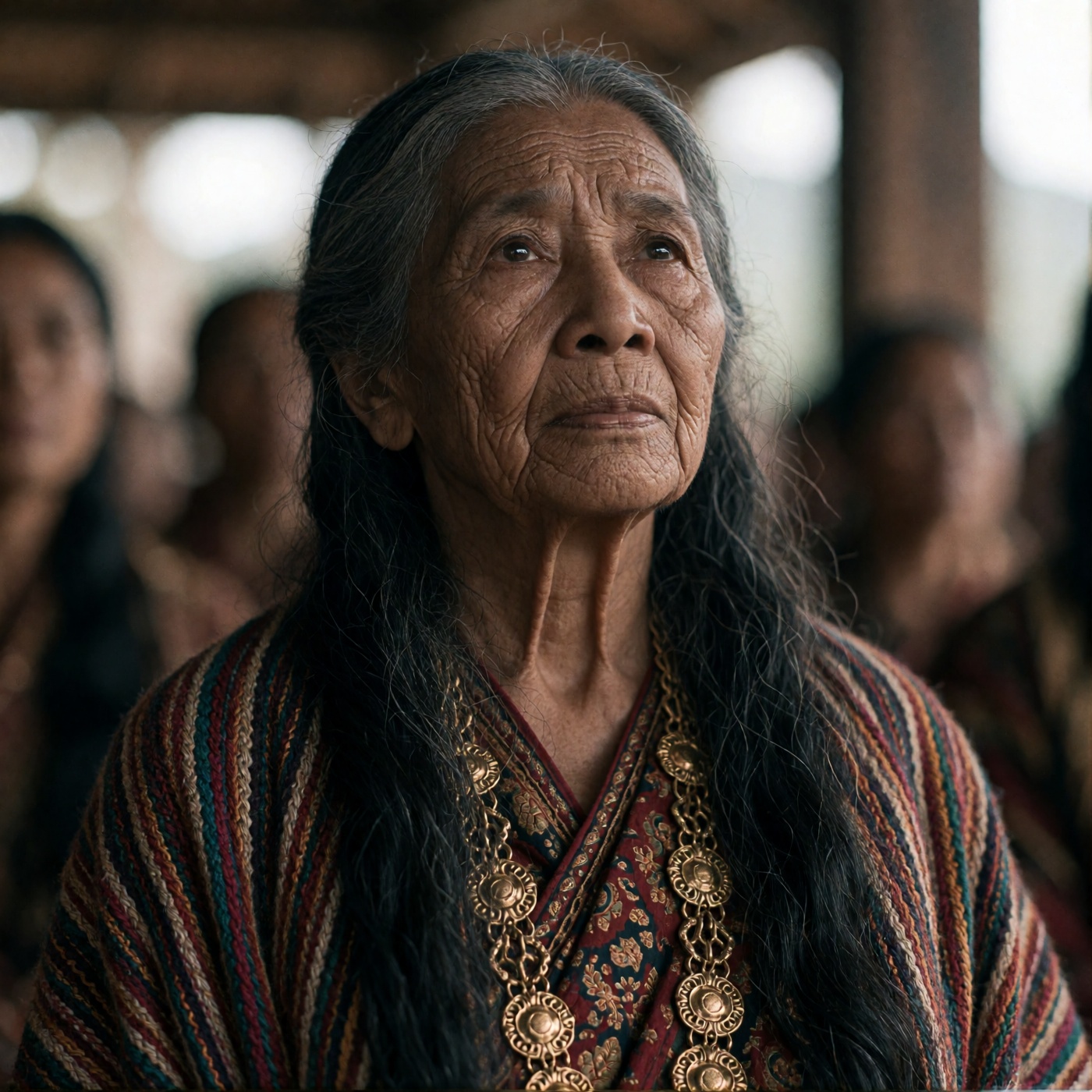 oum4saga,  An elderly woman with long,  dark gray hair draped over her shoulders gazes upward on Tensor.Art