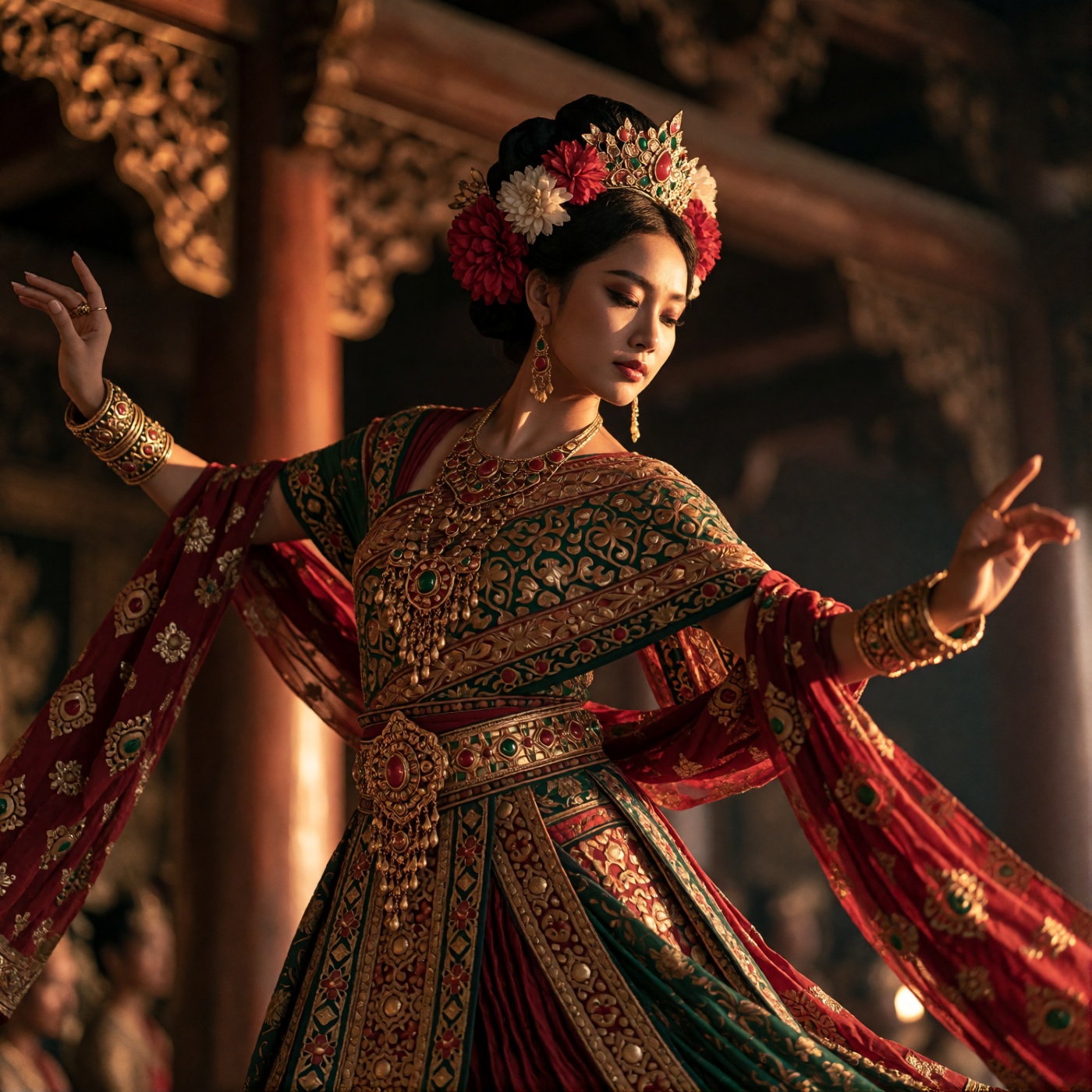 oum4saga,  A woman in ornate,  layered garments of red on Tensor.Art