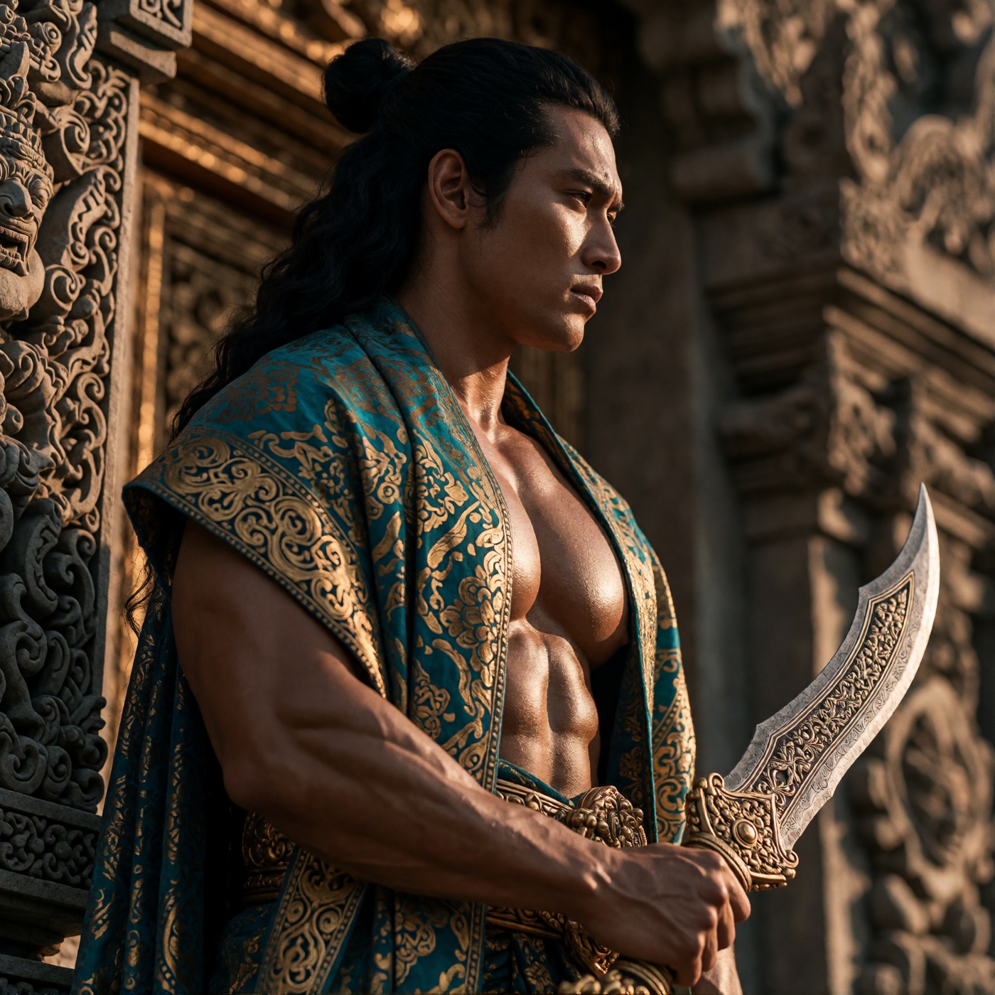 oum4saga,  A muscular figure stands in profile,  draped in a teal and gold patterned garment on Tensor.Art