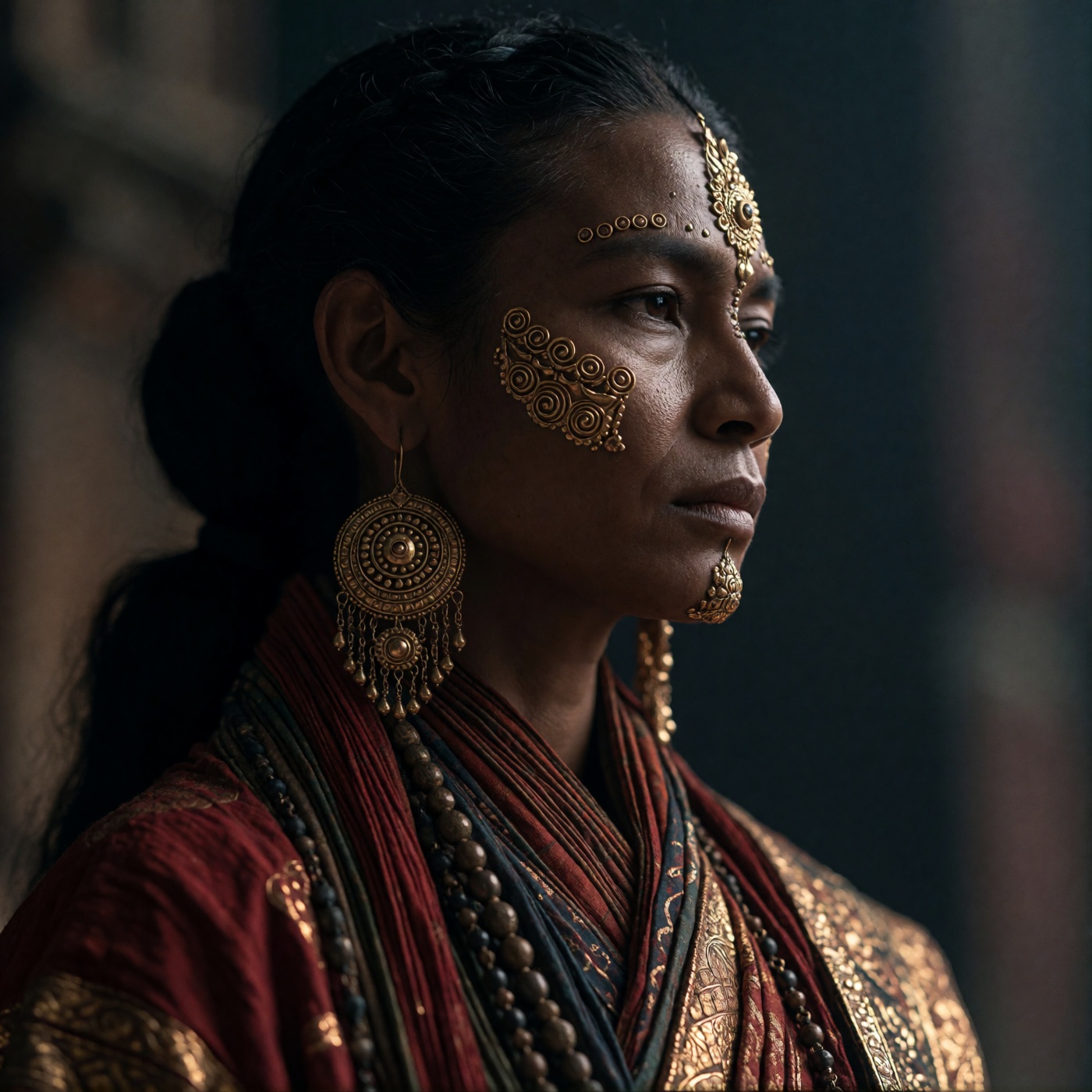 oum4saga,  A side-profile portrait shows a person with dark skin,  adorned with gold facial ornaments and large on Tensor.Art