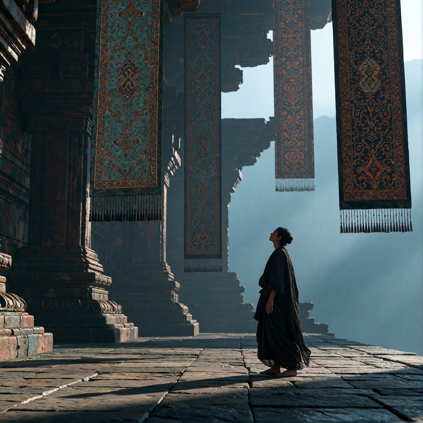 oum4saga,  A lone figure in a dark,  flowing garment stands barefoot on a stone plaza on Tensor.Art