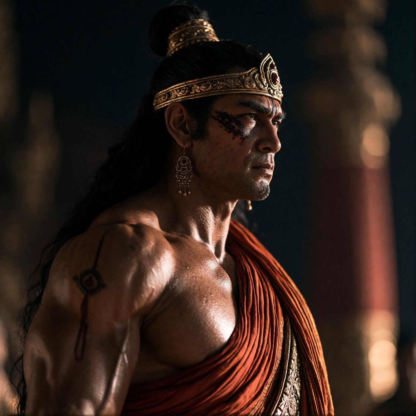oum4saga,  A muscular figure stands in profile,  adorned with a gold headband and dangling earring on Tensor.Art