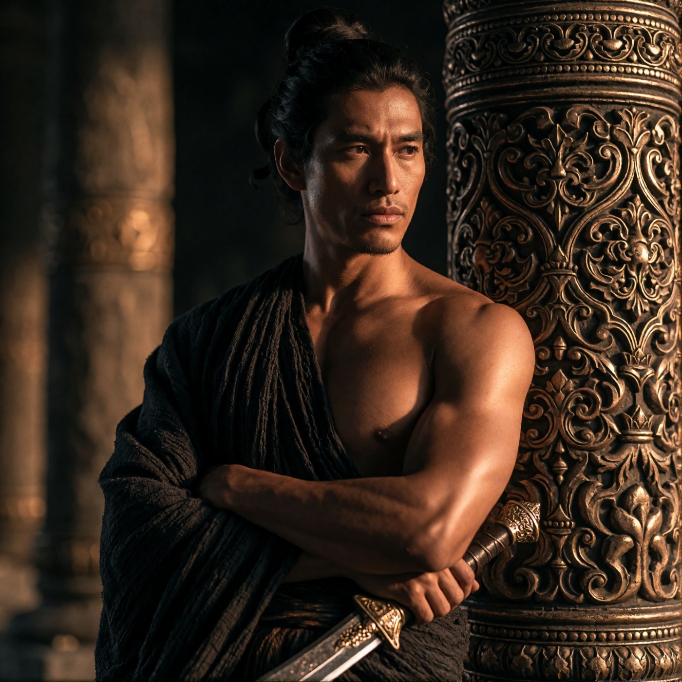oum4saga,  A shirtless man with dark,  tied-back hair stands beside an ornate on Tensor.Art