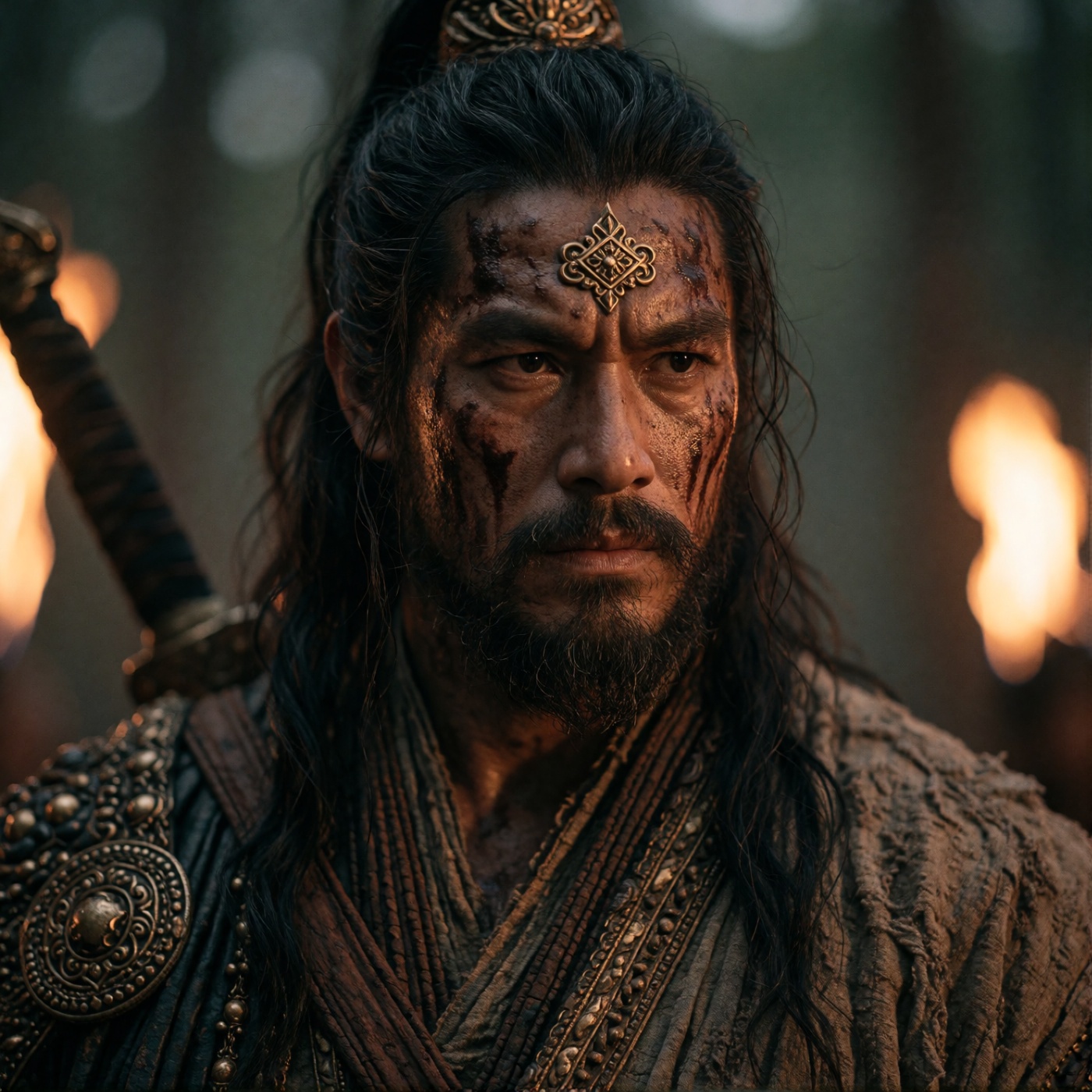 oum4saga,  A weathered warrior with long,  dark hair tied back on Tensor.Art