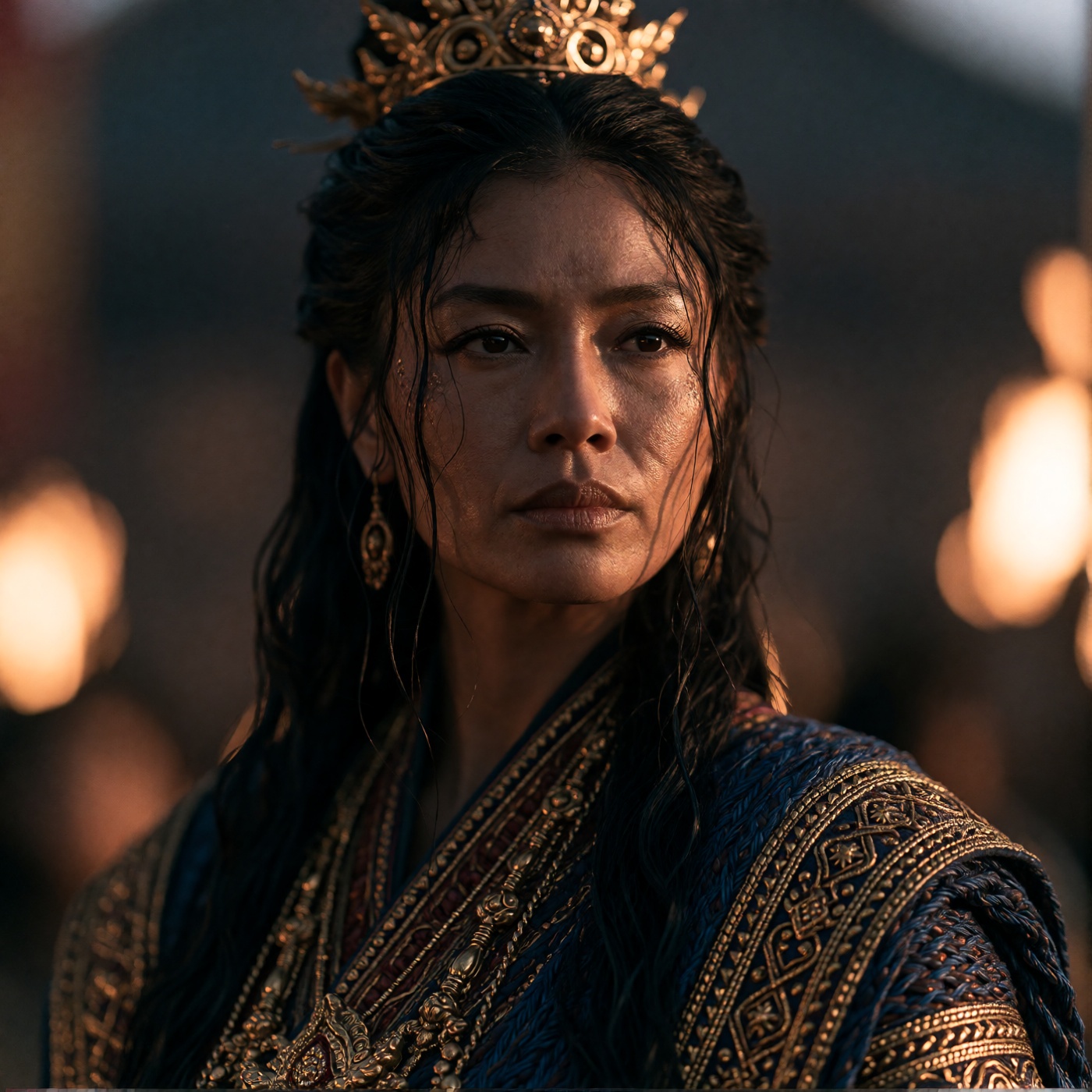oum4saga,  A woman with dark,  wet hair and a golden headpiece gazes forward on Tensor.Art