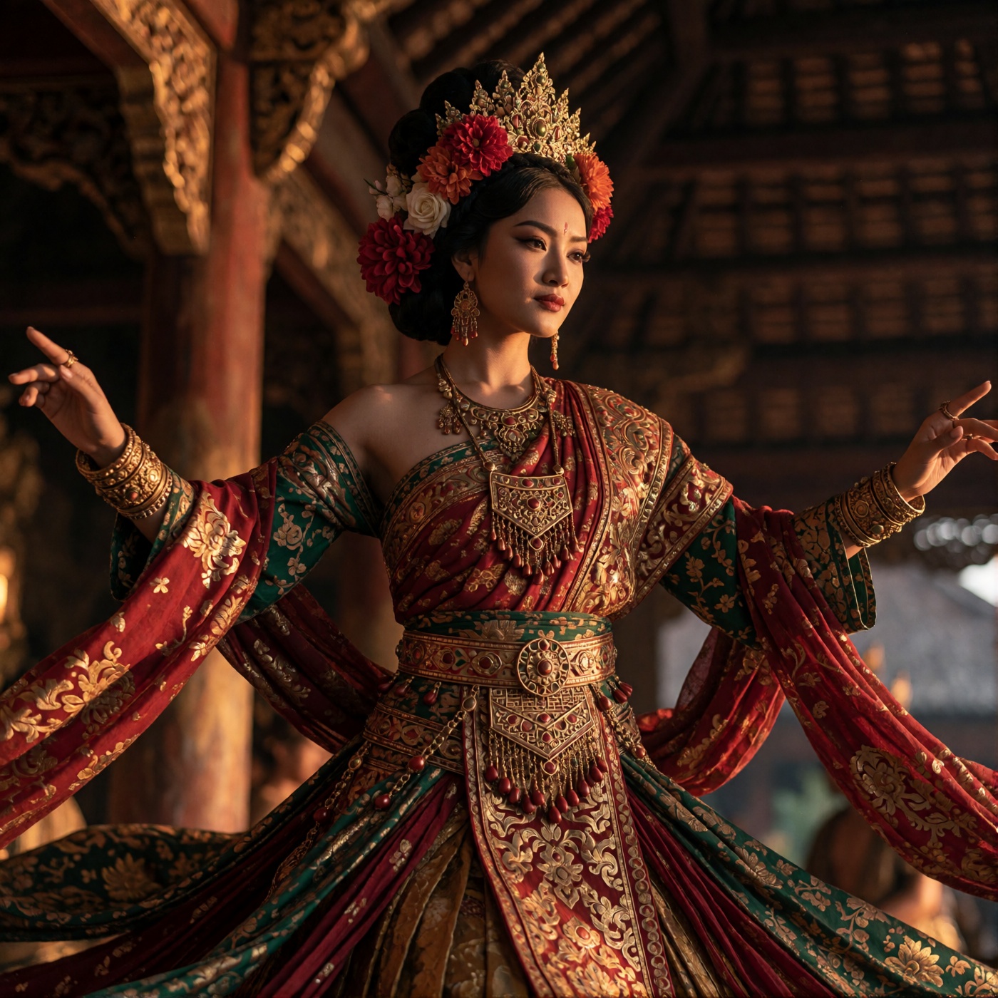 oum4saga,  A woman in ornate,  layered garments of red on Tensor.Art