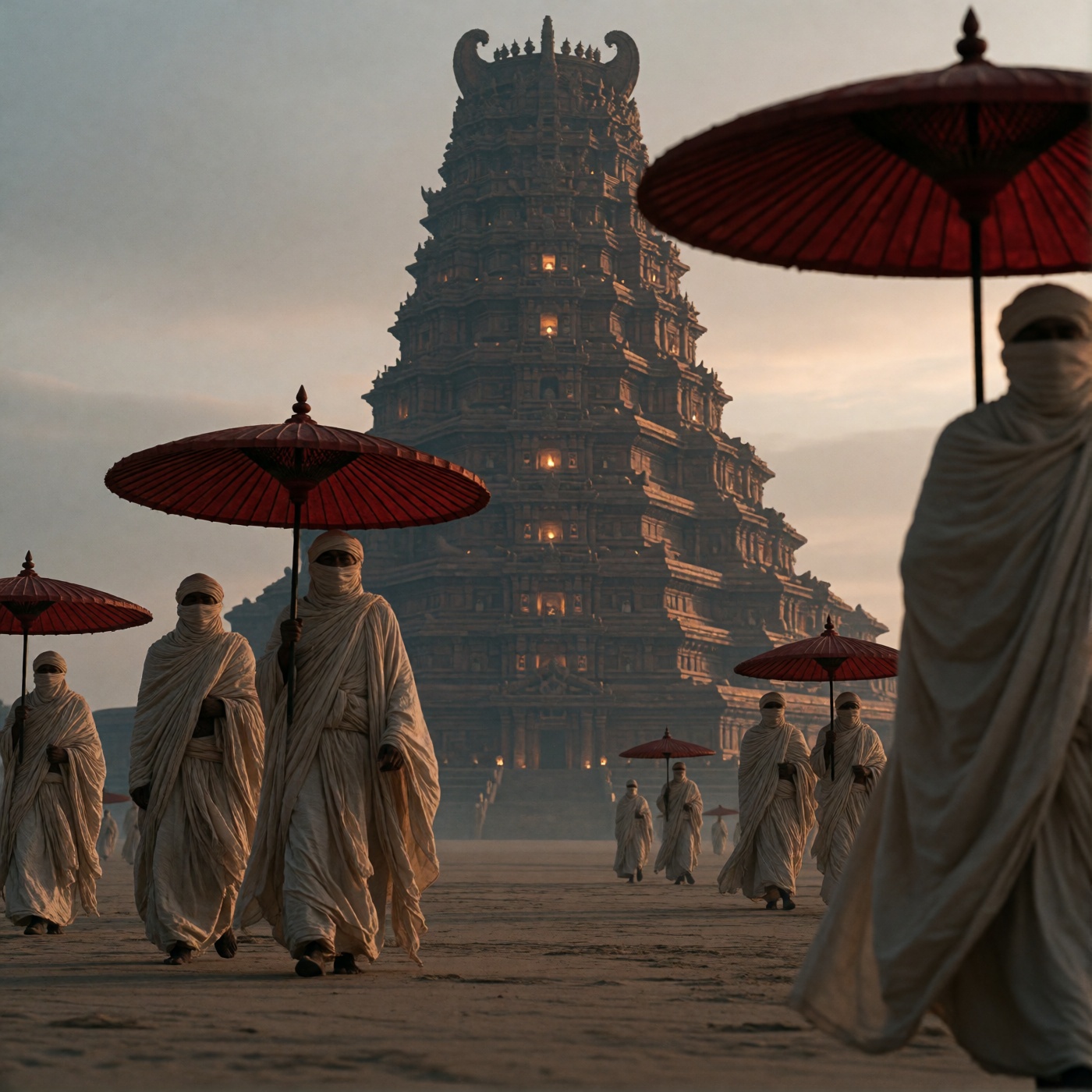 oum4saga,  Figures in flowing off-white robes walk across a vast,  sandy plain on Tensor.Art