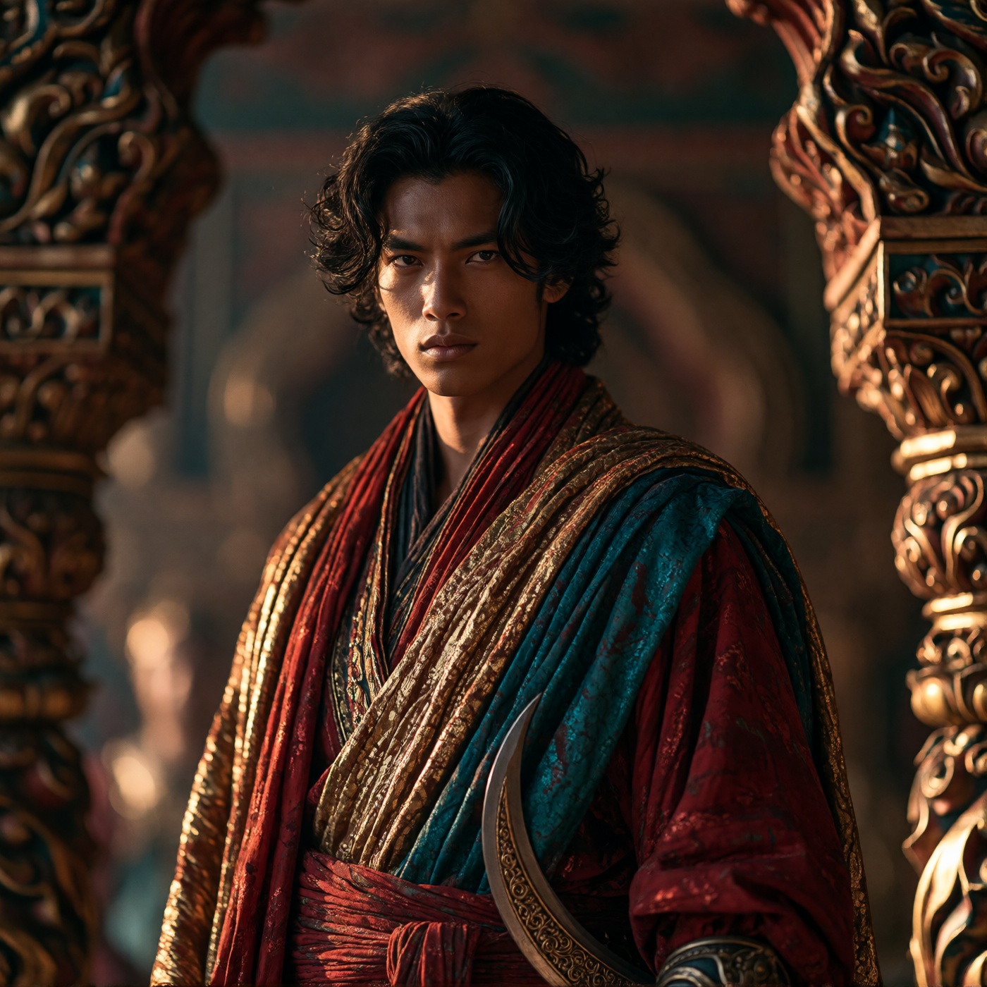oum4saga,  A young man with dark,  wavy hair stands in ornate on Tensor.Art
