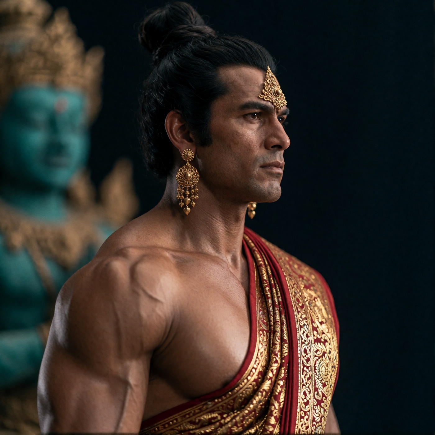 oum4saga,  A muscular man in profile,  bare-chested with a red and gold draped garment on Tensor.Art