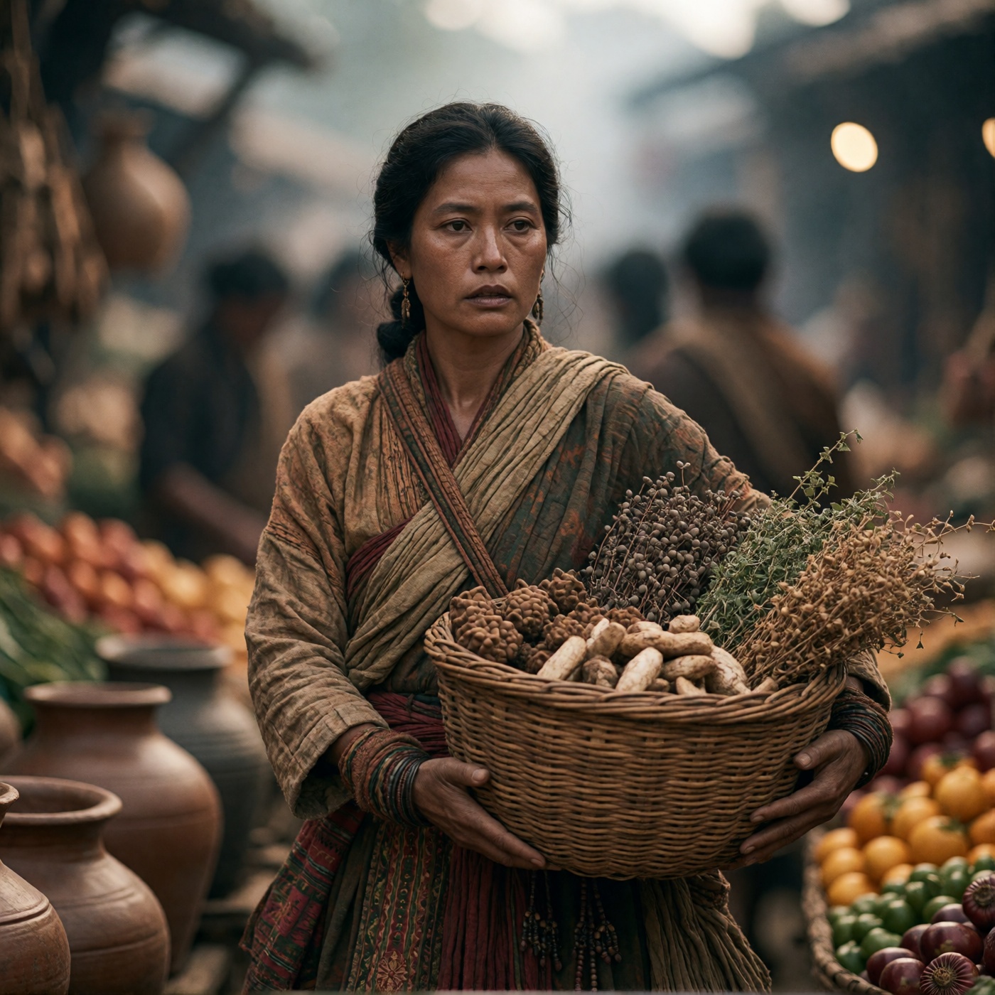 oum4saga,  A woman in earth-toned,  layered garments carries a woven basket filled with dried herbs and roots. Her dark ha...