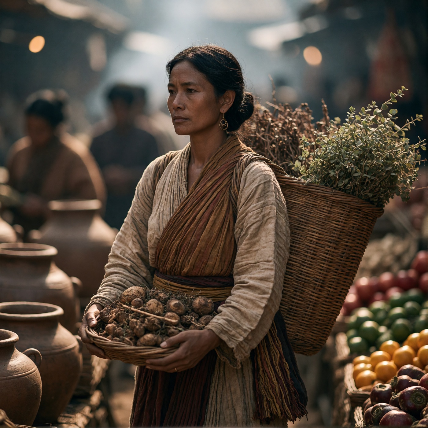 oum4saga,  A woman in earth-toned,  layered garments carries a woven basket filled with dried herbs and roots. Her dark ha...