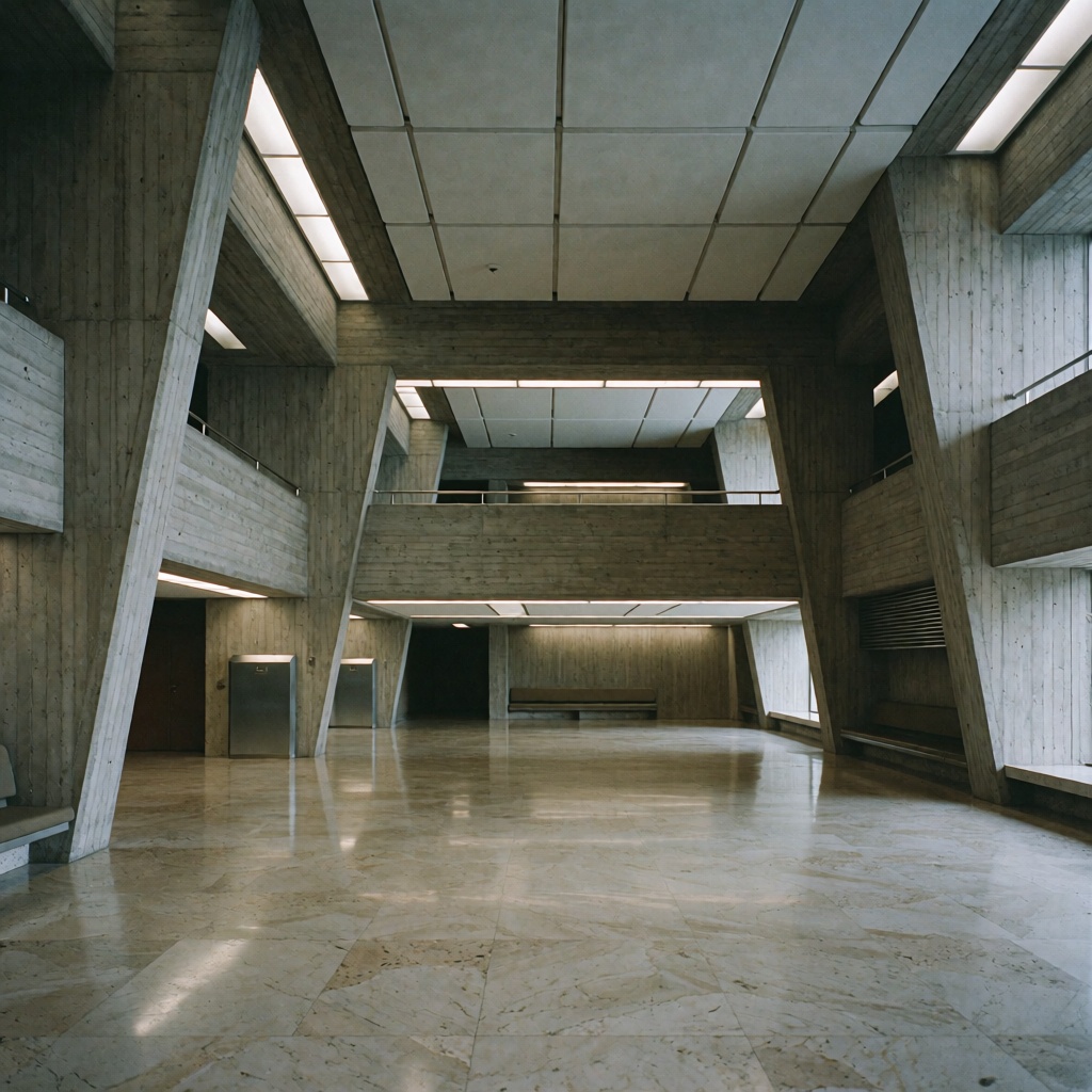 Dystopian Future,  1970s British architectural cinematic still,  austere brutalist interior composition on Tensor.Art