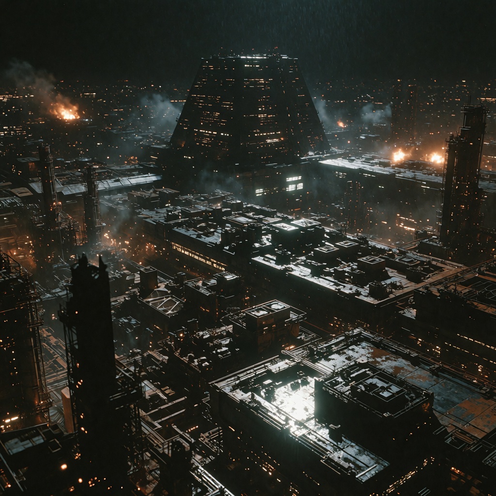 Dystopian Future,  1982 neo-noir science-fiction cinematic still,  panoramic industrial megalopolis composition on Tensor.Art