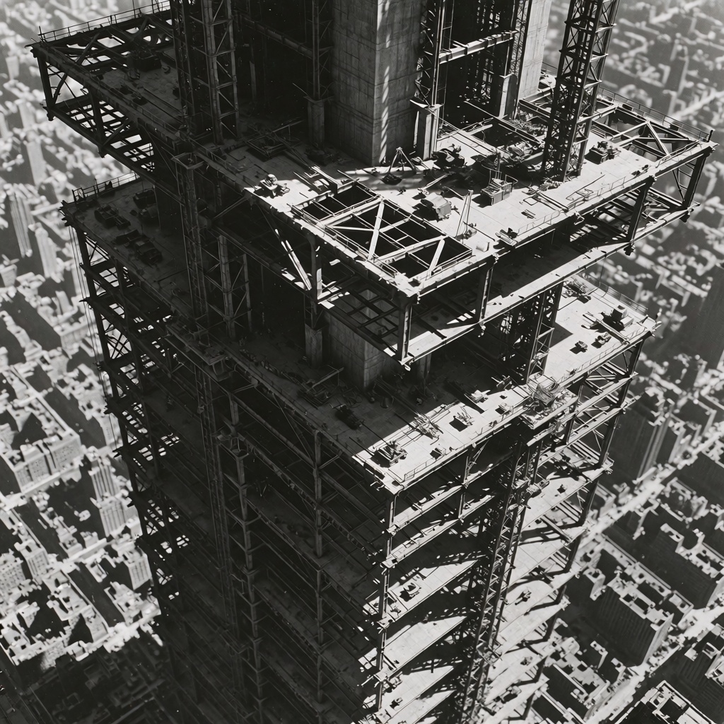 Dystopian Future,  1949 black-and-white special-effects cinematic still,  unfinished supertower construction composition o...