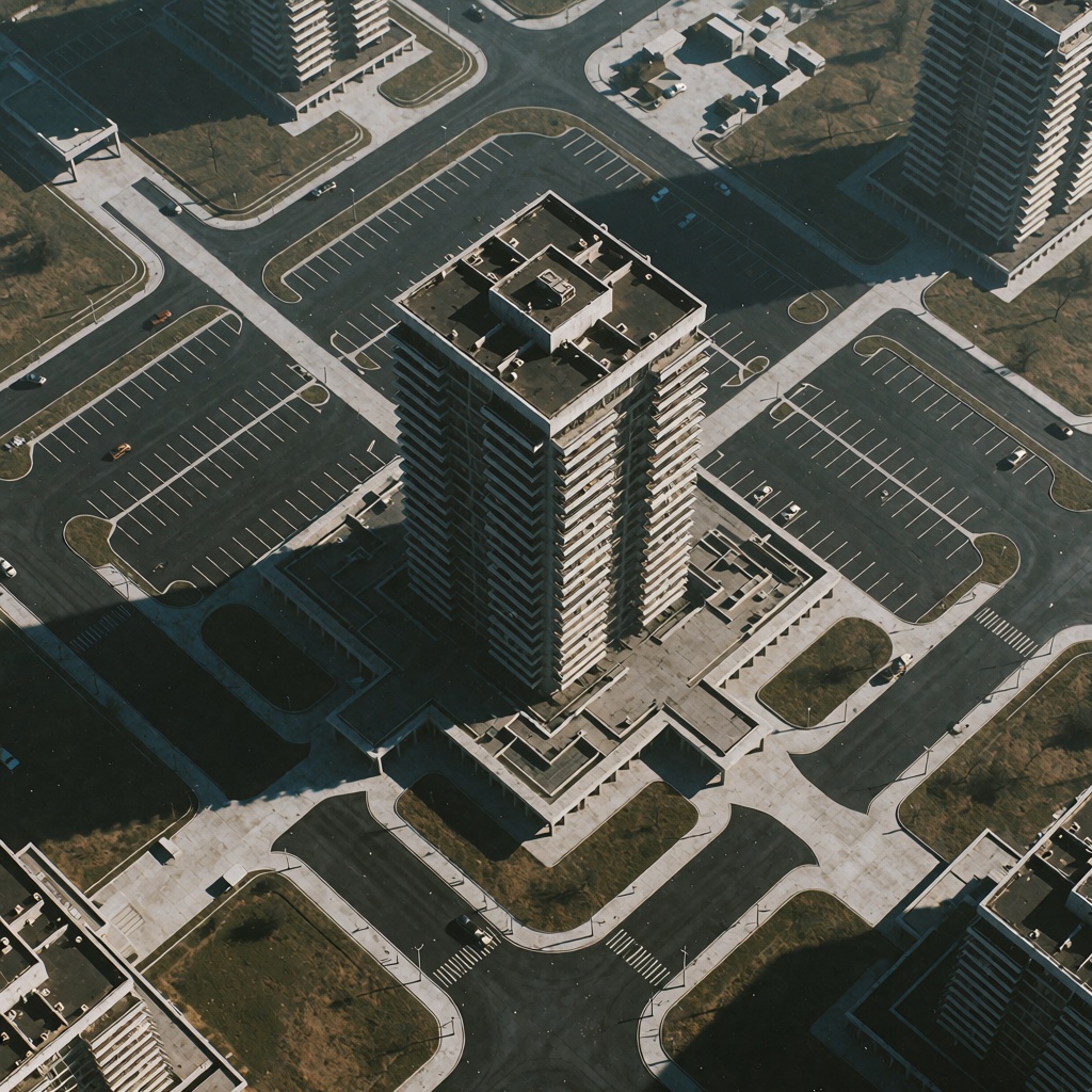 Dystopian Future,  1970s architectural dystopia cinematic still,  top-down site composition on Tensor.Art