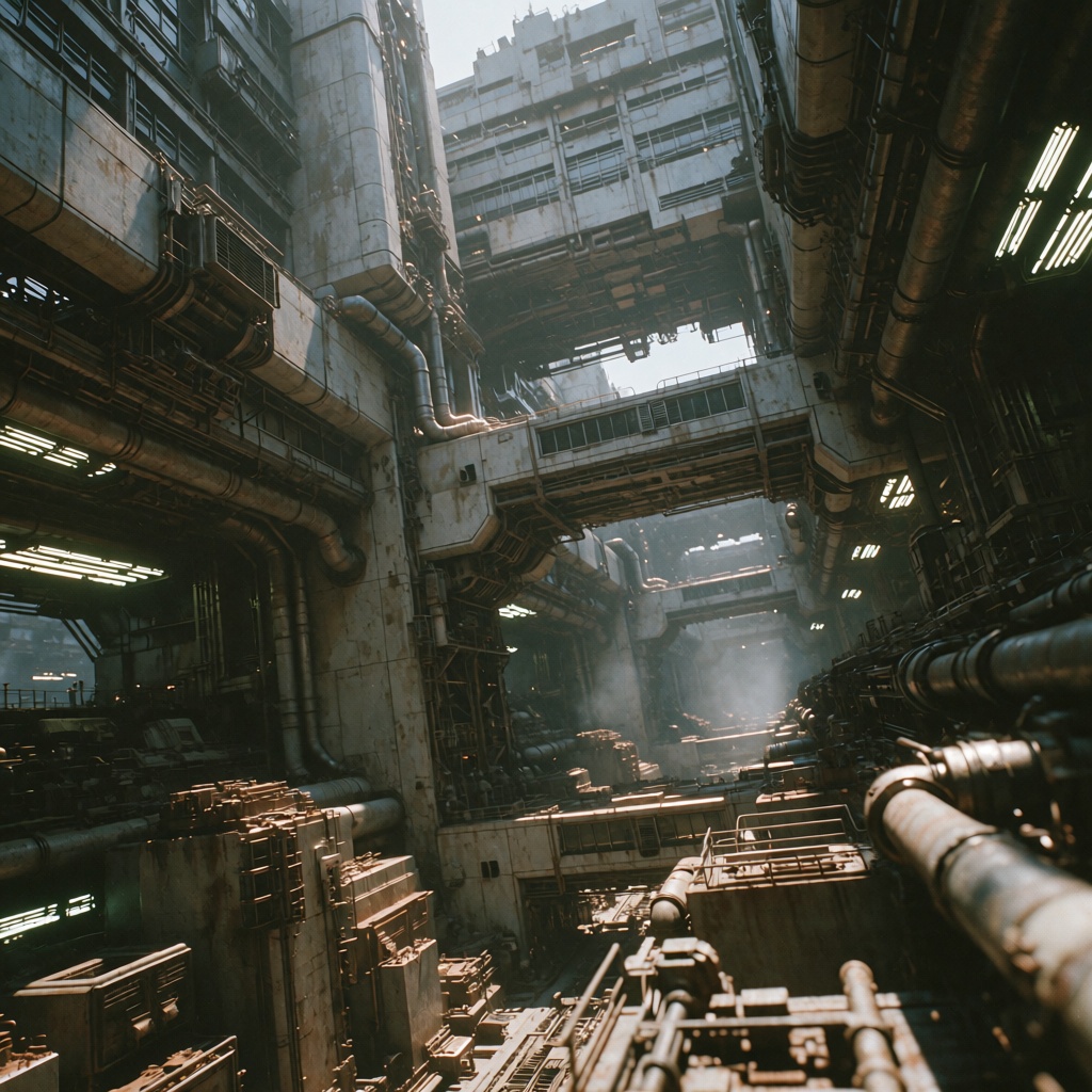 Dystopian Future,  1985 retro-futuristic urban cinematic still,  compressed governmental megastructure canyon on Tensor.Art