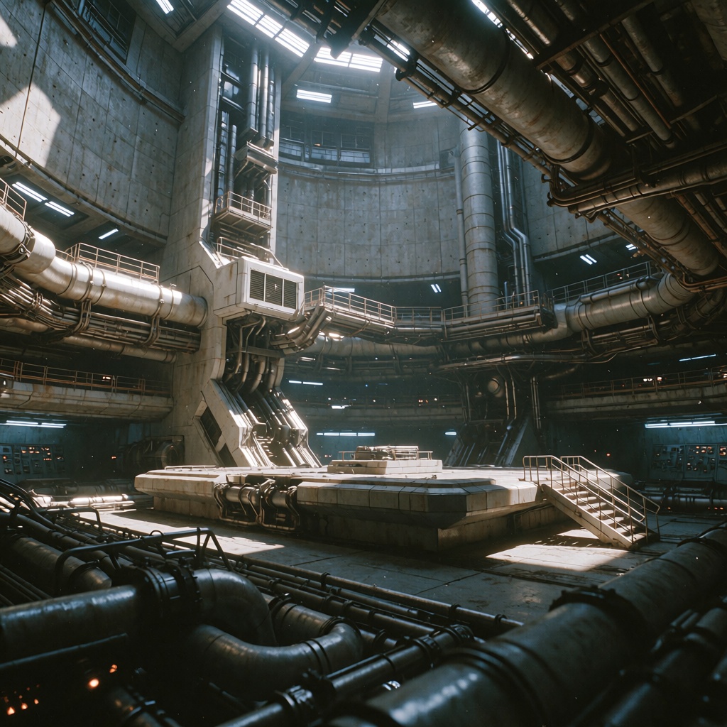 Dystopian Future,  1985 bureaucratic science-fiction cinematic still,  cavernous infrastructure interior composition on Te...