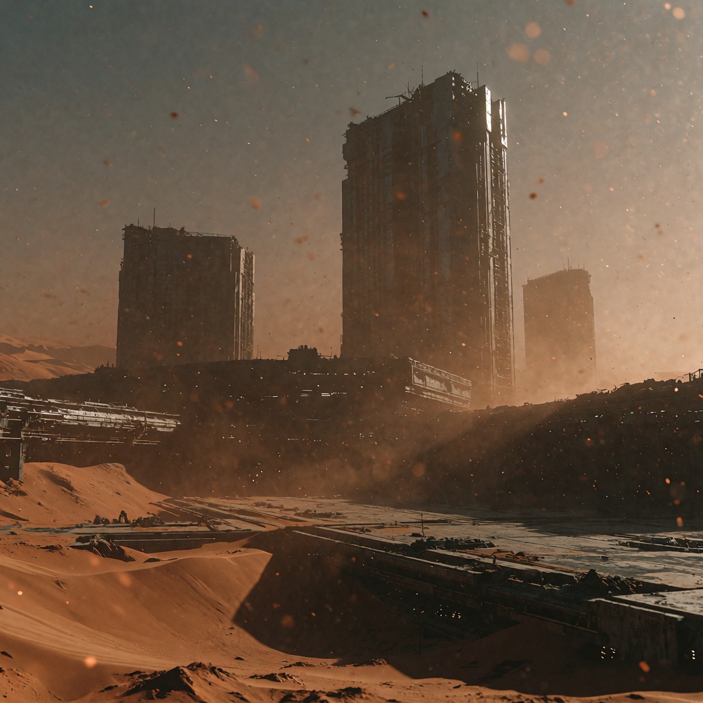 Dystopian Future,  2049 post-collapse cinematic architectural still,  desert megastructure landscape on Tensor.Art