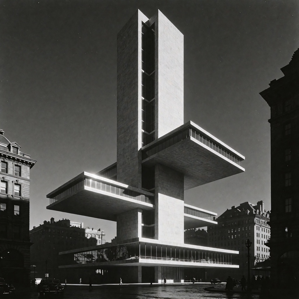 Dystopian Future,  1949 black-and-white architectural cinema still,  monumental functional-modernist skyscraper compositio...