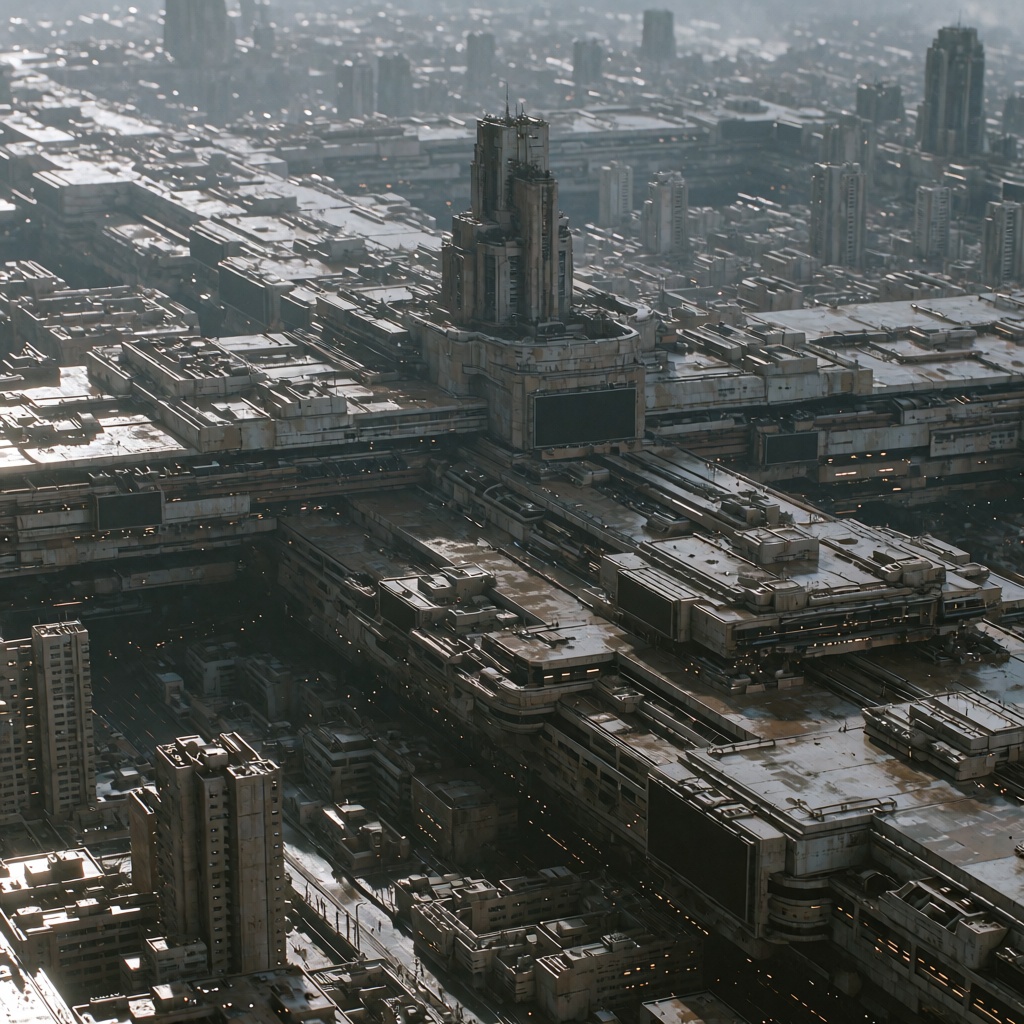 Dystopian Future,  2049 environmental science-fiction cinematic still,  colossal horizontal megacity composition on Tensor...