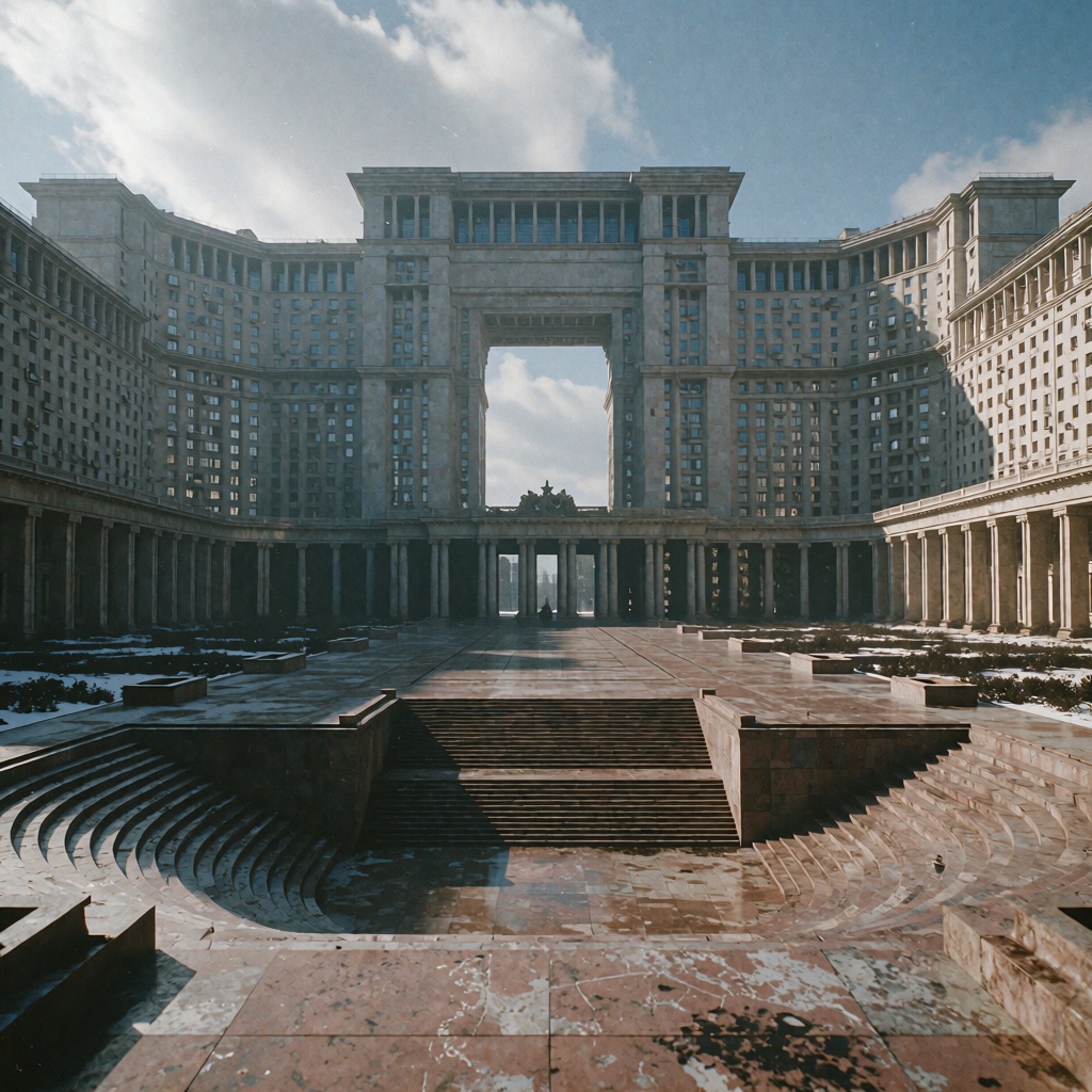 Dystopian Future,  1985 retro-futuristic cinematic still,  monumental bureaucratic civic architecture on Tensor.Art