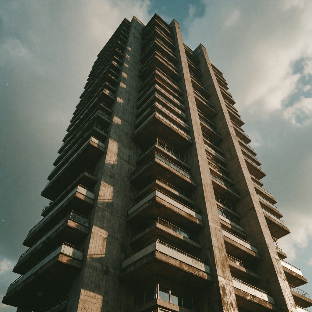 Dystopian Future,  1970s British retro-modern cinematic still,  isolated brutalist residential megastructure composition o...
