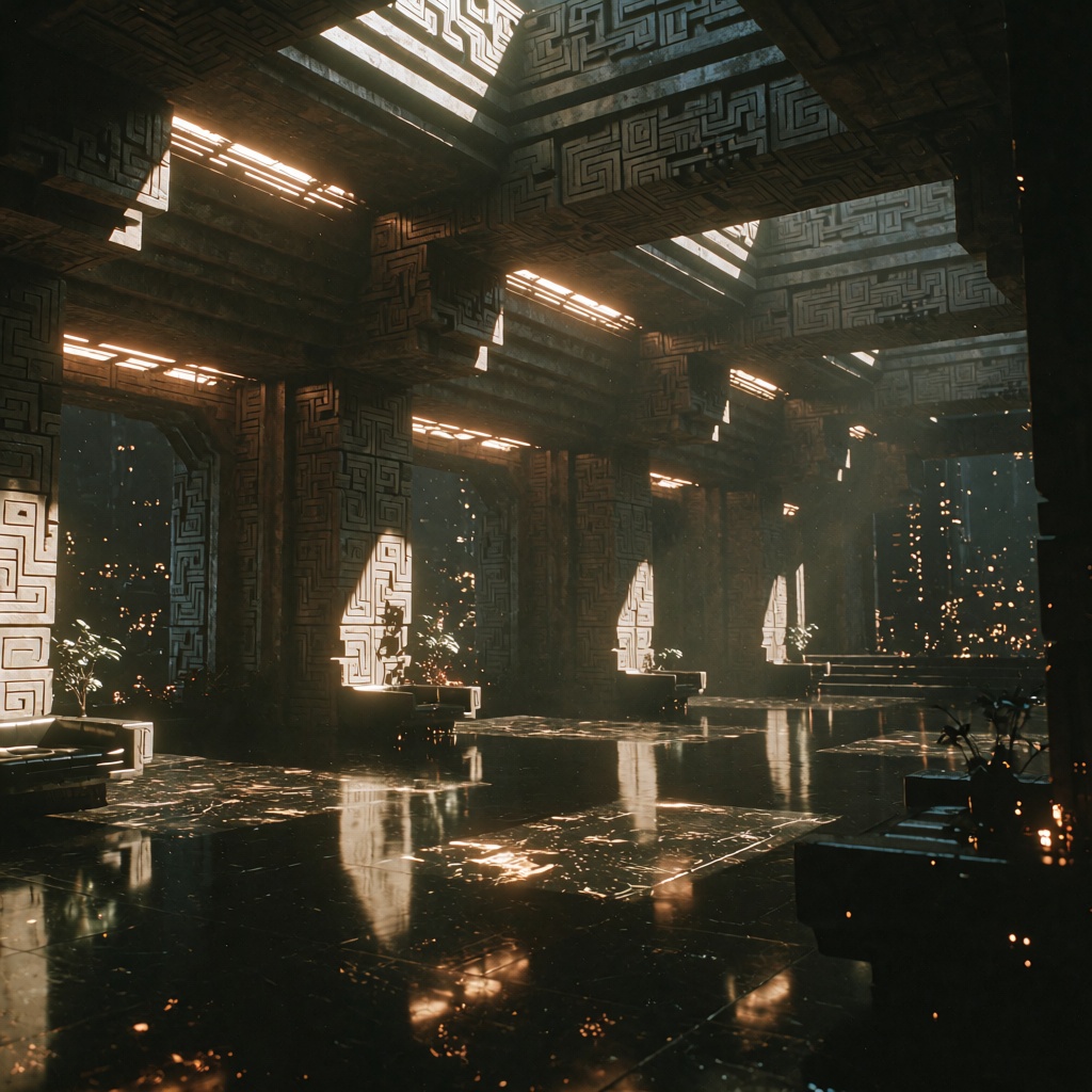 Dystopian Future,  1982 neo-noir cinematic architectural still,  deep axial interior composition on Tensor.Art