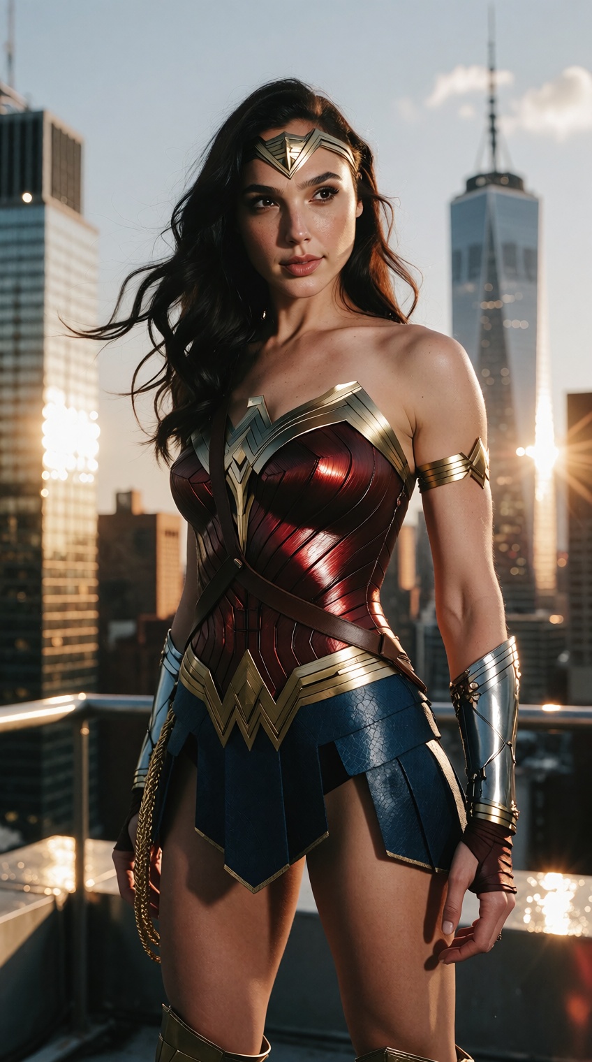 cinematic superhero fashion editorial,  beautiful Gal Gadot woman,  framed from head to skirt on Tensor.Art