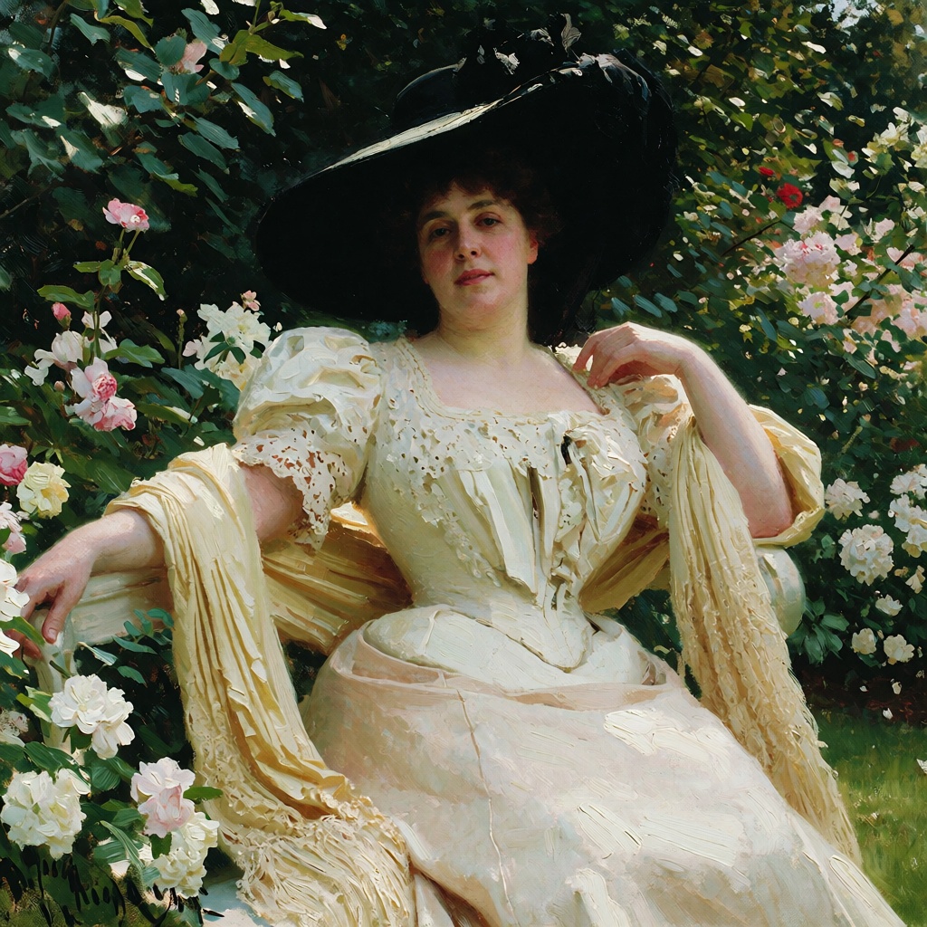 Oil-on-canvas outdoor realist society portrait,  luminous vertical garden composition with the pale sitter placed against...