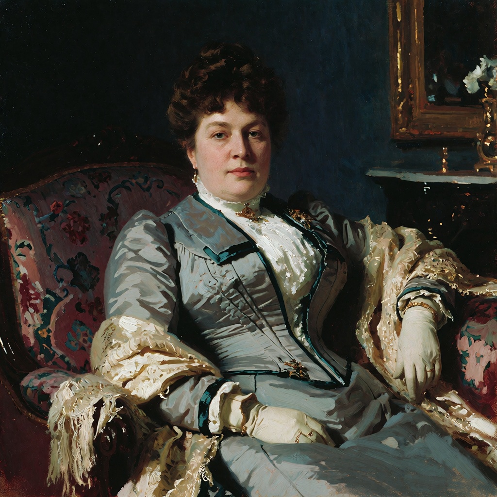 Oil-on-canvas realist society portrait,  compact late-Imperial Russian seated composition with the figure filling most of...
