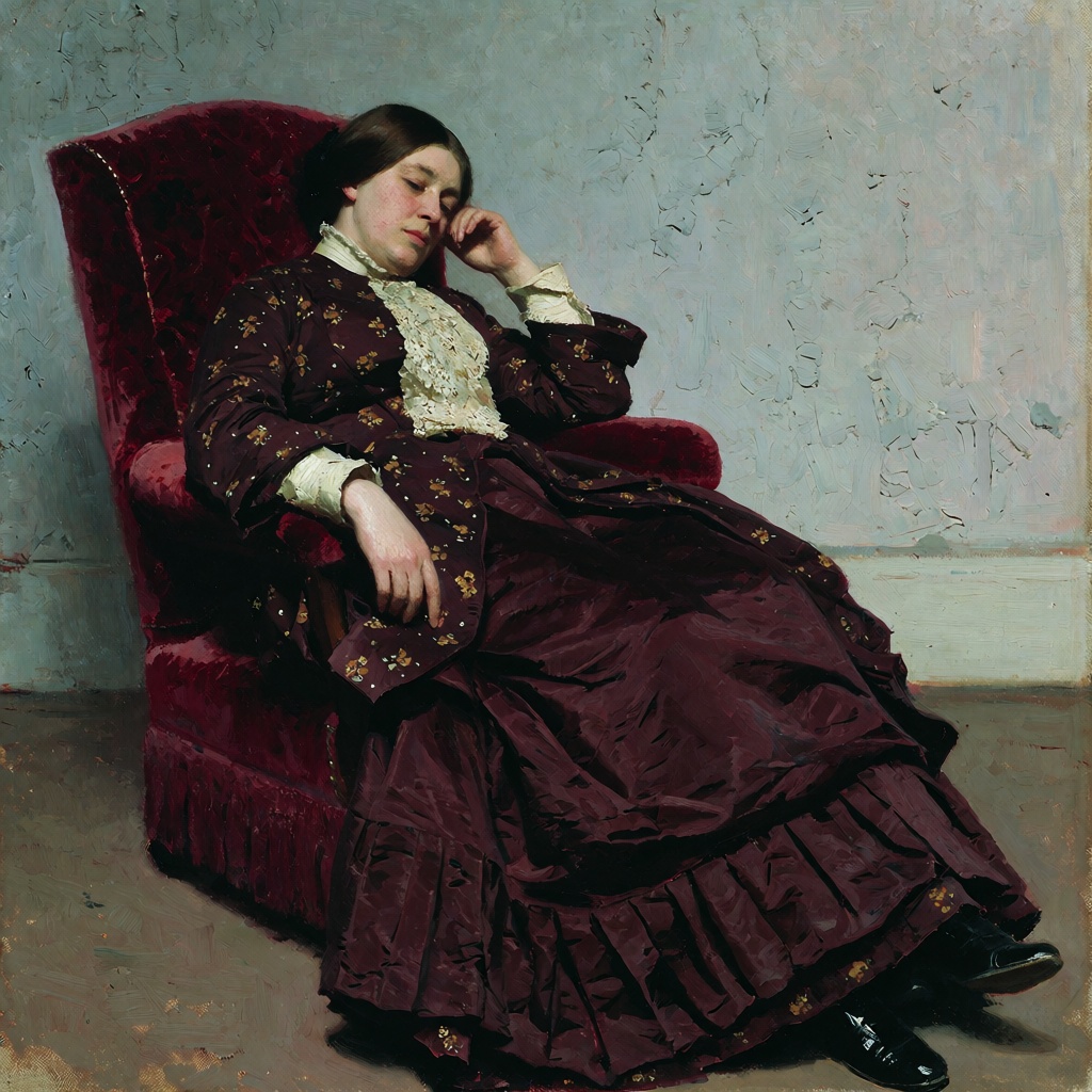 Oil-on-canvas domestic realist portrait,  elongated diagonal composition with the reclining figure absorbed into a tall bu...