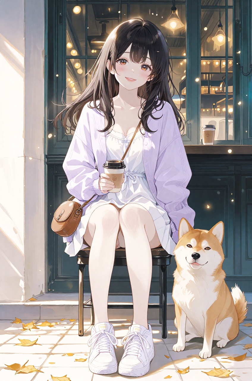 A young,  cheerful girl with long dark hair is sitting on a stool outside a cafe on an autumn day. She is wearing a light...