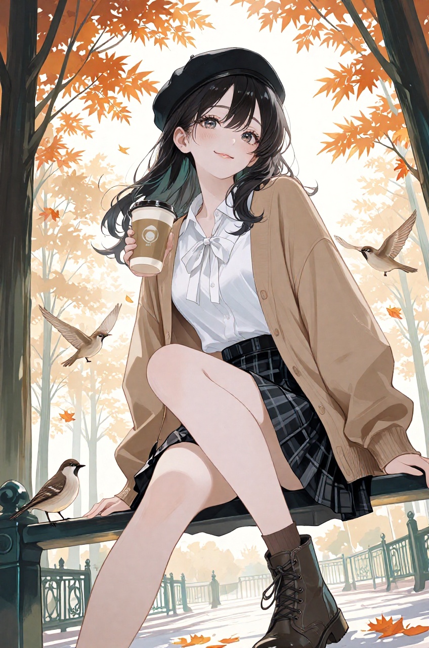 An anime illustration features a stylish young woman sitting gracefully on a metal park railing in a relaxed posture while...