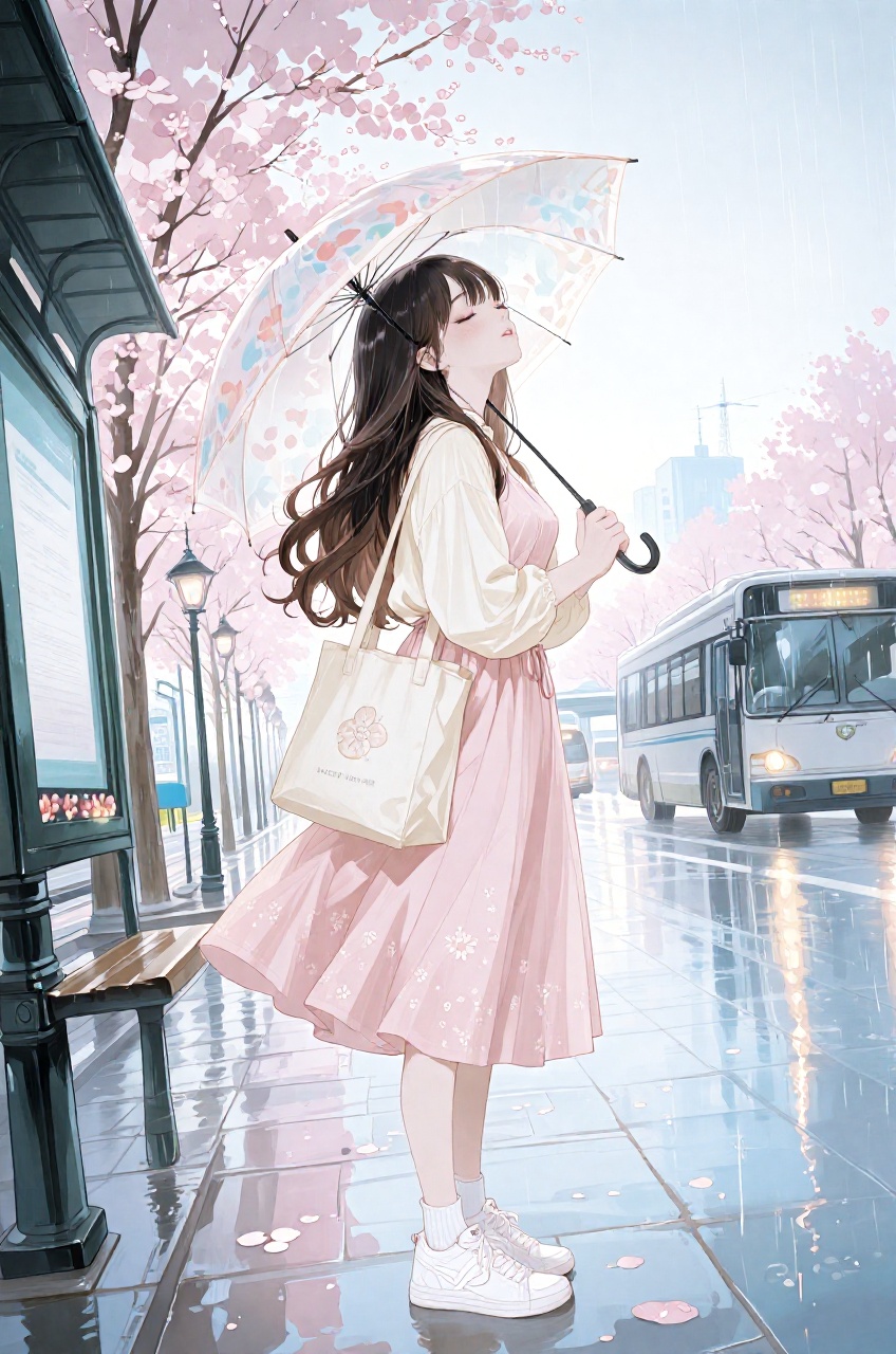 An anime illustration features a peaceful young woman standing in a profile posture at a bus stop under a light rain,  til...