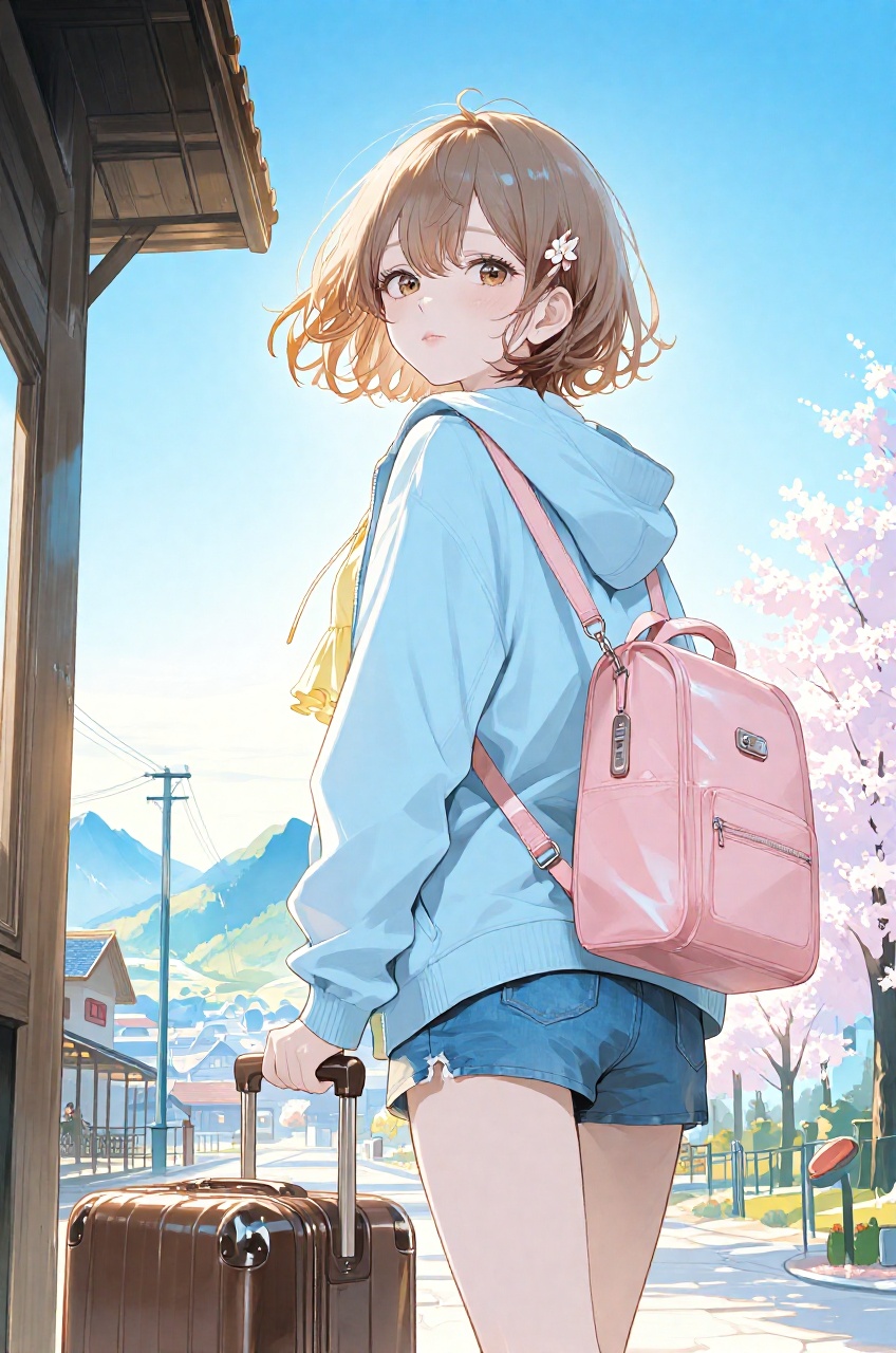 An anime illustration depicts a young woman standing in a three-quarter back posture beside a rustic wooden bus stop sign,...