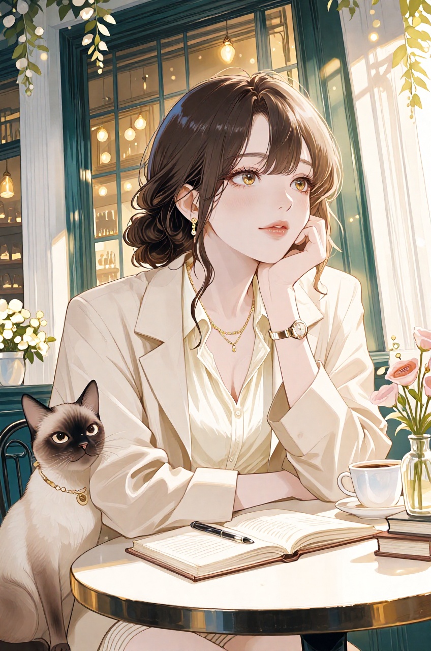 An anime illustration depicts a stylish young woman seated at an outdoor cafe table in a relaxed posture while resting her...
