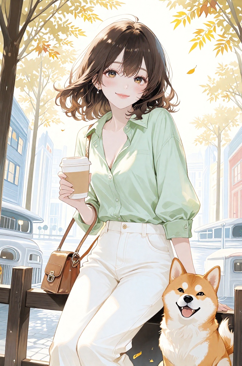 A charming anime girl with beautiful wavy brown hair and a gentle smile,  holding a coffee cup and a handbag. She's wearin...