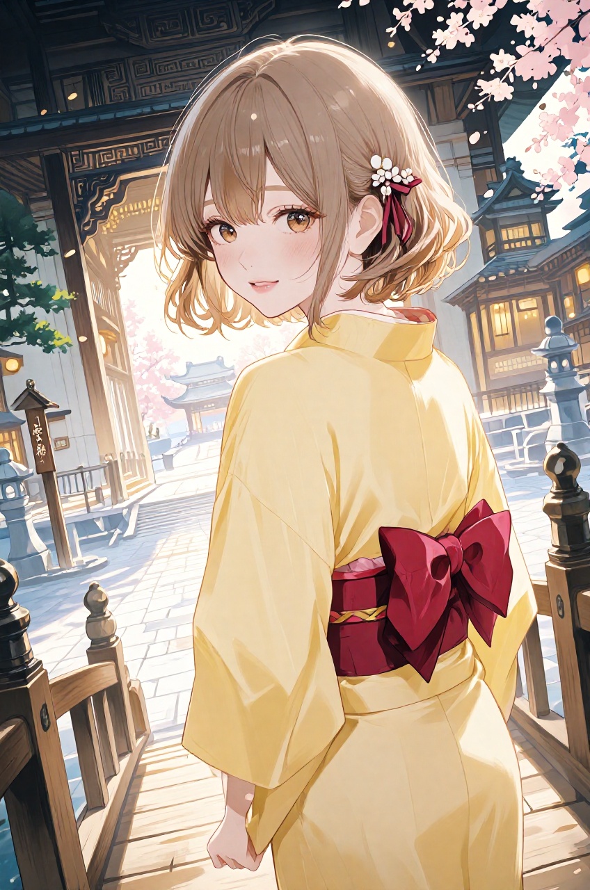 An anime illustration depicts a gentle young woman standing in a three-quarter back posture on a wooden bridge railing,  t...
