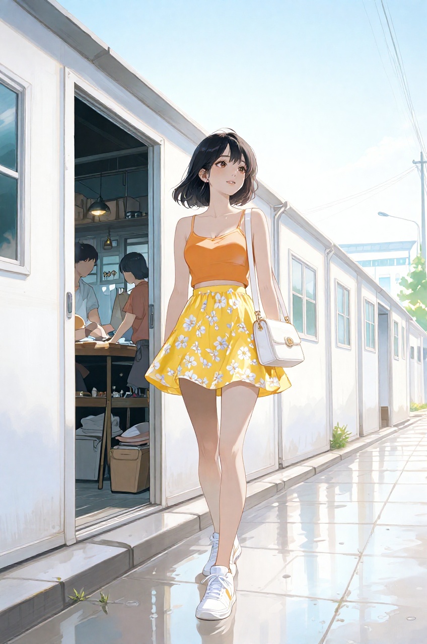A peaceful and detailed anime illustration of a young woman with dark hair and a tan complexion,  walking on a wet sidewal...