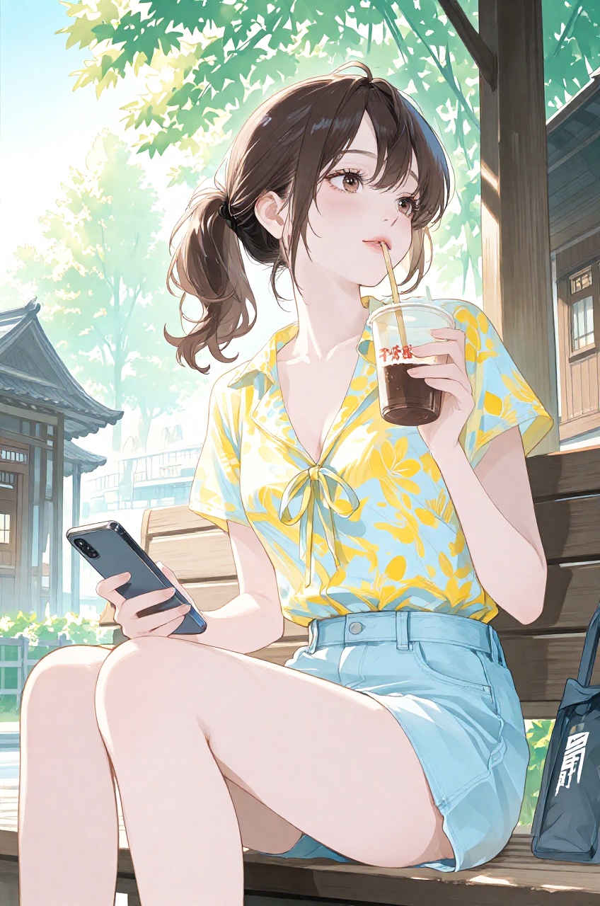 A peaceful and detailed anime illustration of a young woman with brown hair tied in a loose ponytail. She is sitting on a...