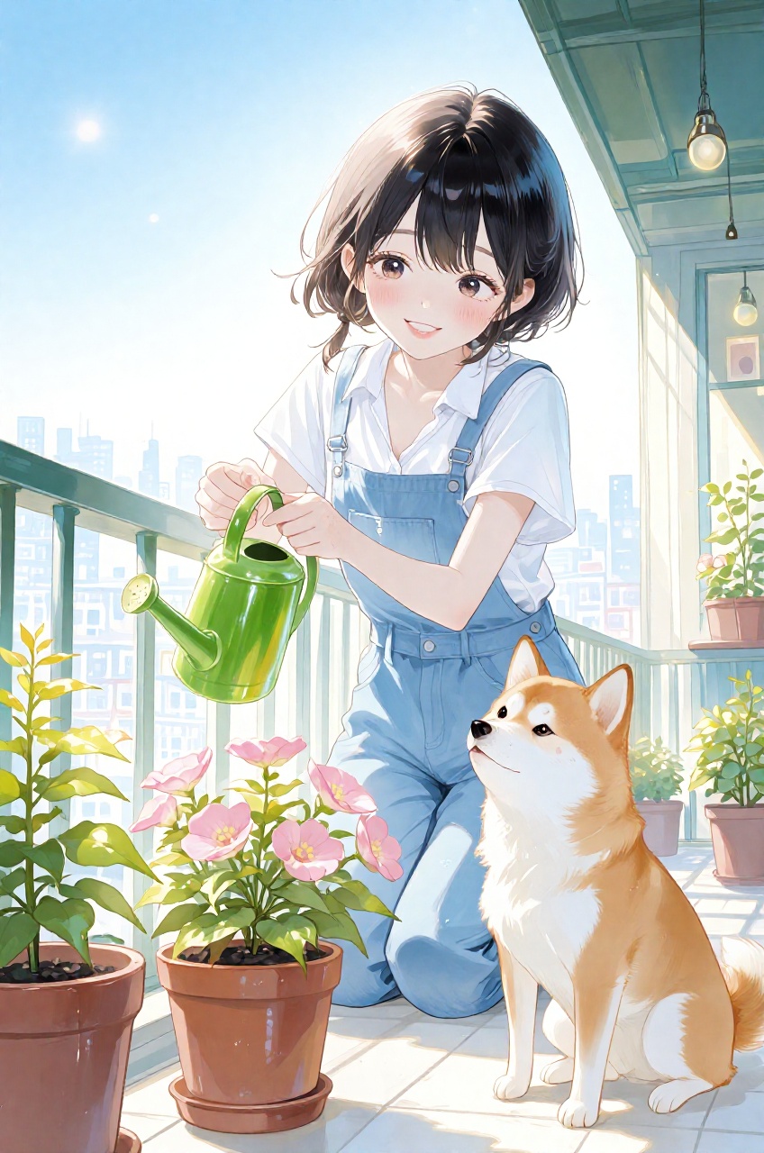 A young,  smiling girl with her hair tied back is watering plants on her balcony. She's wearing a white shirt and blue ove...