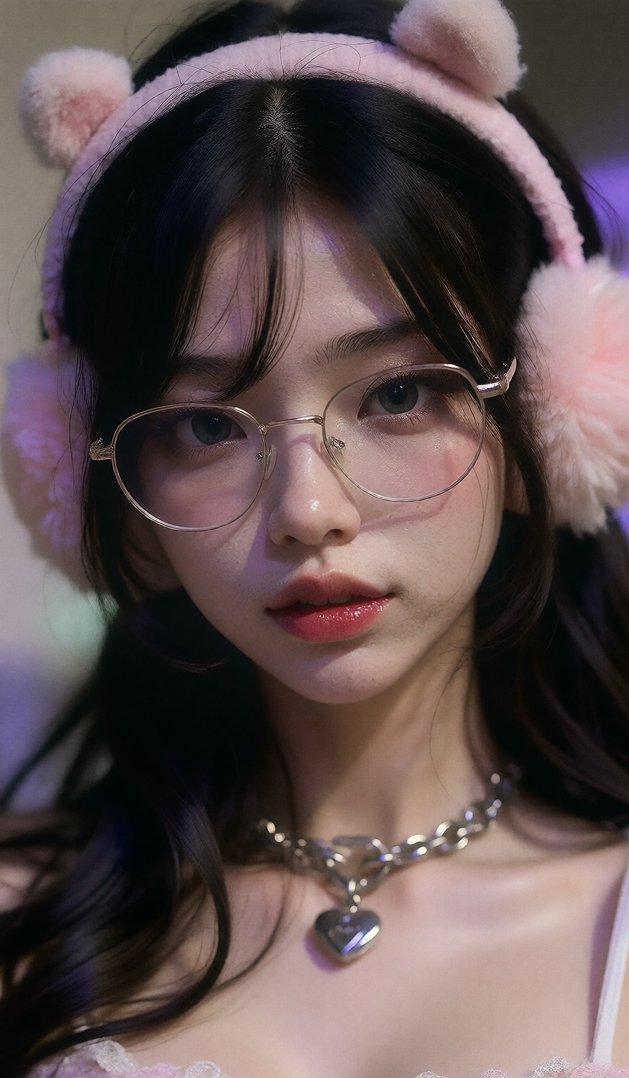 The image shows a person with long black hair wearing a pink headband with fluffy ears. They are wearing large,  round gla...