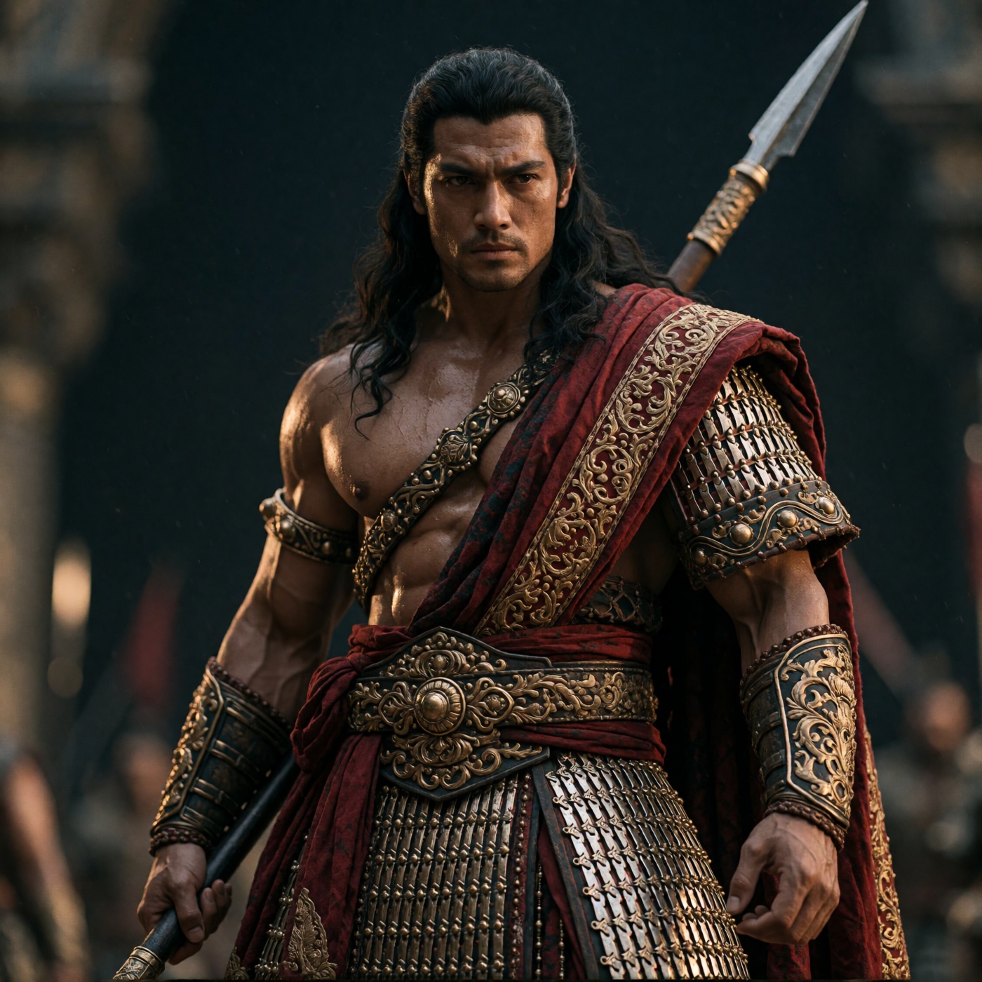 oum4saga,  A muscular figure stands center-frame,  bare-chested on Tensor.Art